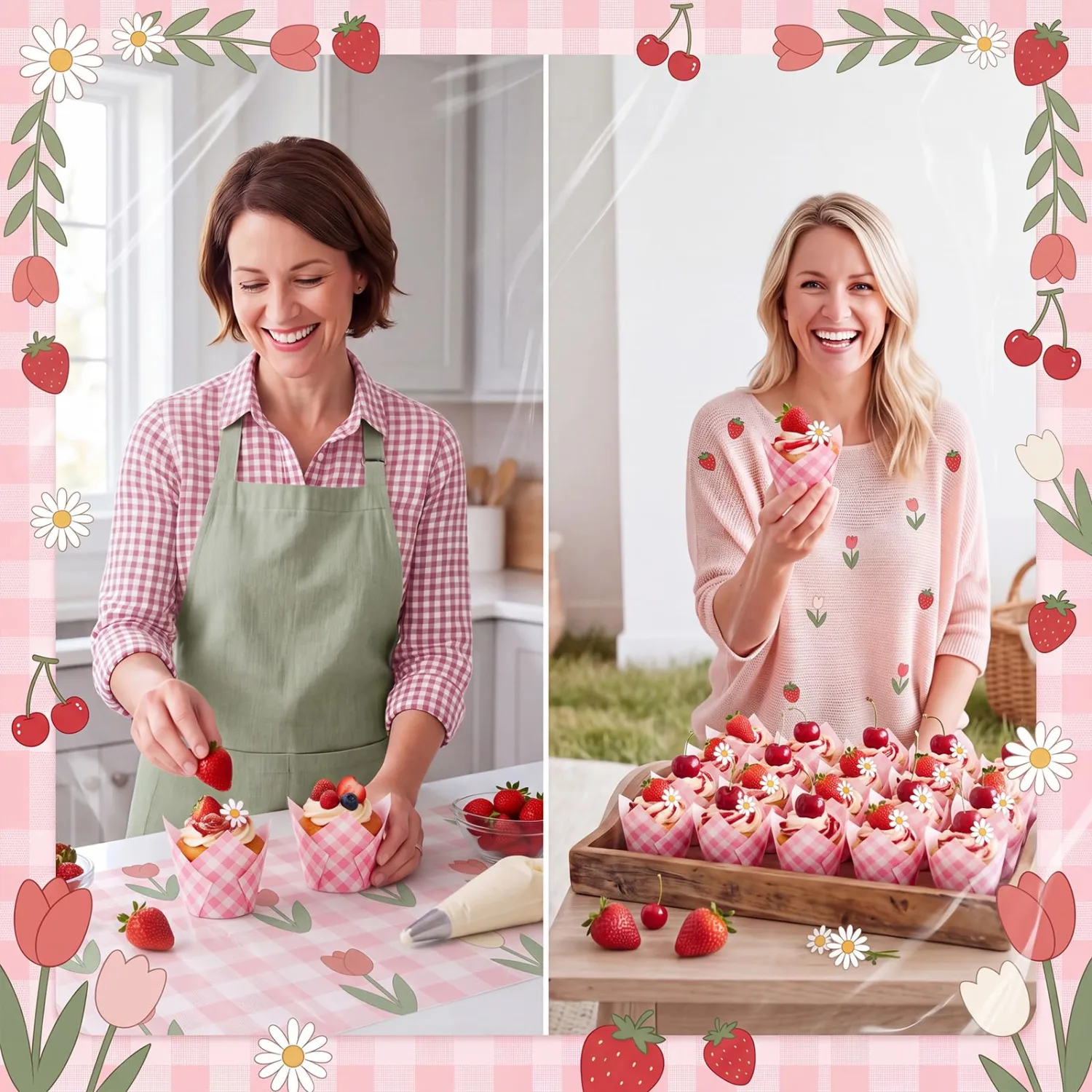 Newtay 50 Pcs Pink Gingham Tulip Cupcake Liner for Muffin Baking Cup