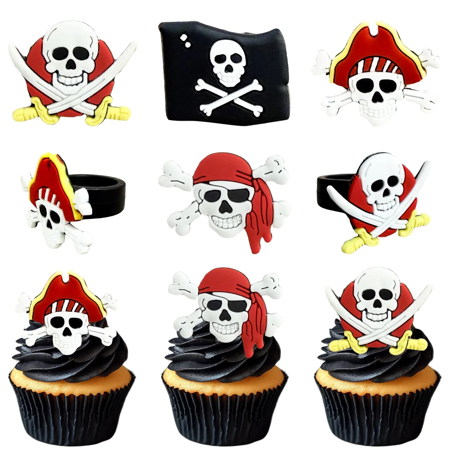 24 PCS Pirate Rings Cupcake Toppers Durable PVC Skull Cake Topper Pirate Birthday Party Decorations for Nautical Theme Baby Shower Kids Boys Men Birthday Party Cake Decorations Supplies