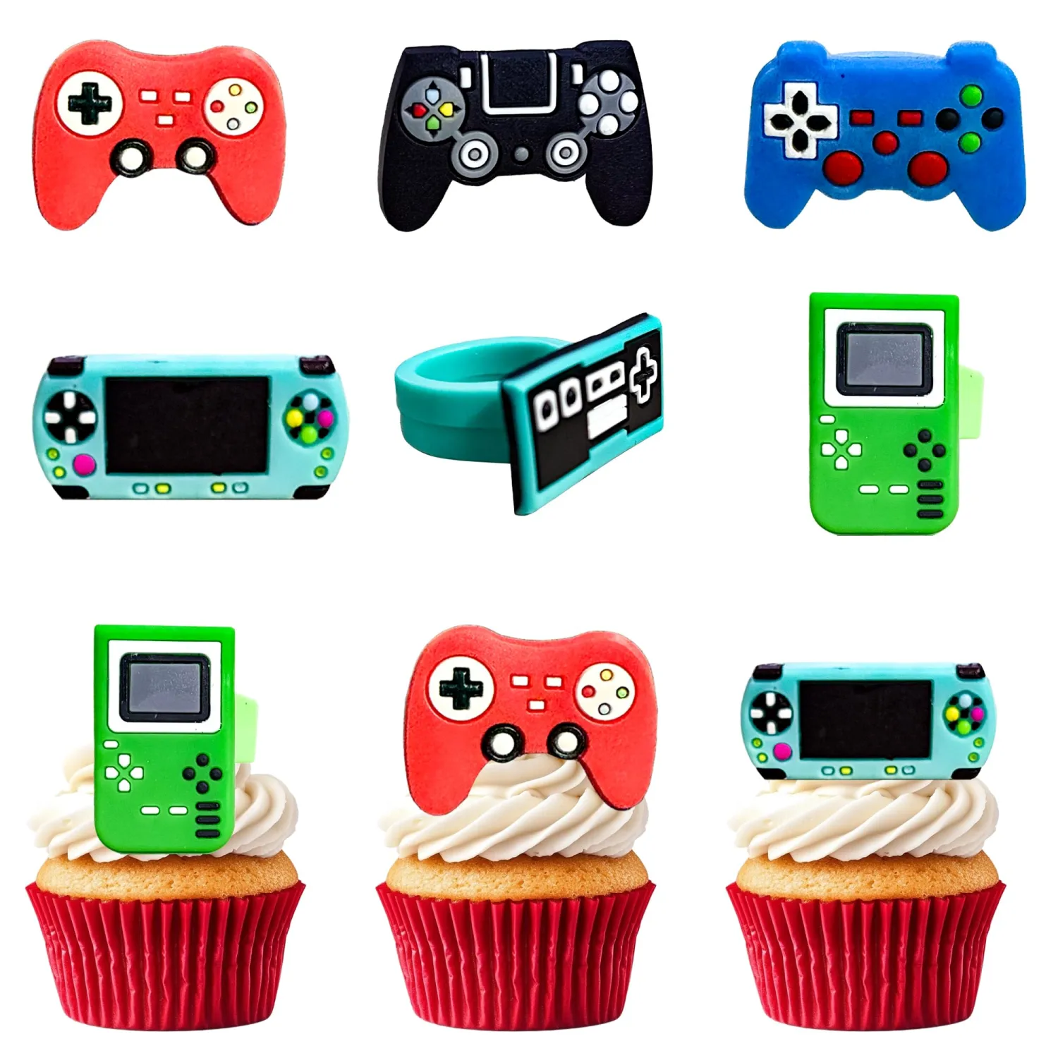 24 PCS Video Game Cupcake Rings Toppers Decorations Video Game Birthday Party Decorations Game On Cupcake Toppers for GamePad Theme Baby Shower Birthday Anniversary Party Decoration Supplies