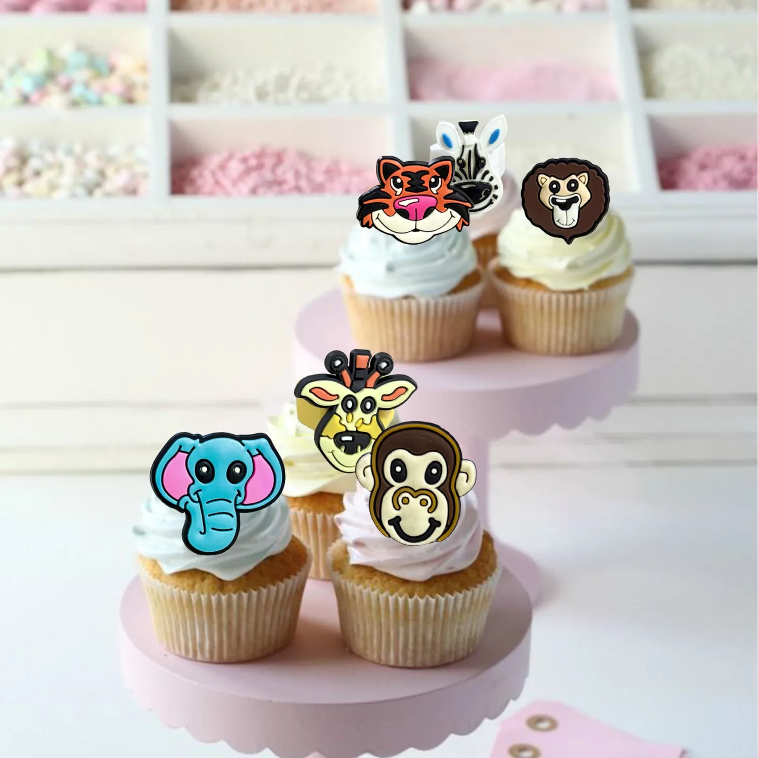 24 PCS Animal Cupcake Rings Toppers, Safari Birthday Decorations