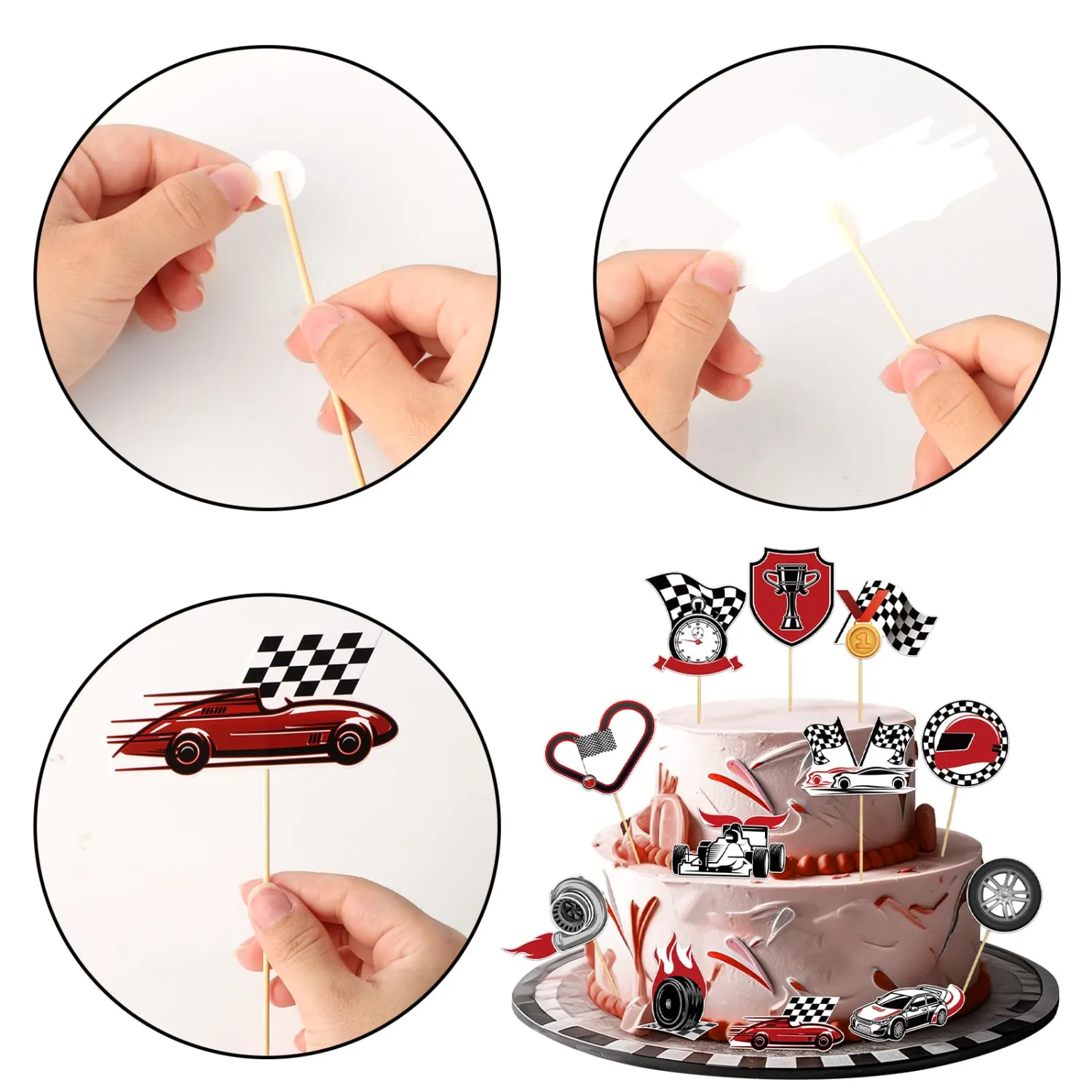 48 Pcs Racing Car Cupcake Topper Birthday Cake Decorations Checkered Flags Car Theme Cupcake Birthday Party Dessert Picks for Racing Birthday Baby Shower Party Supplies
