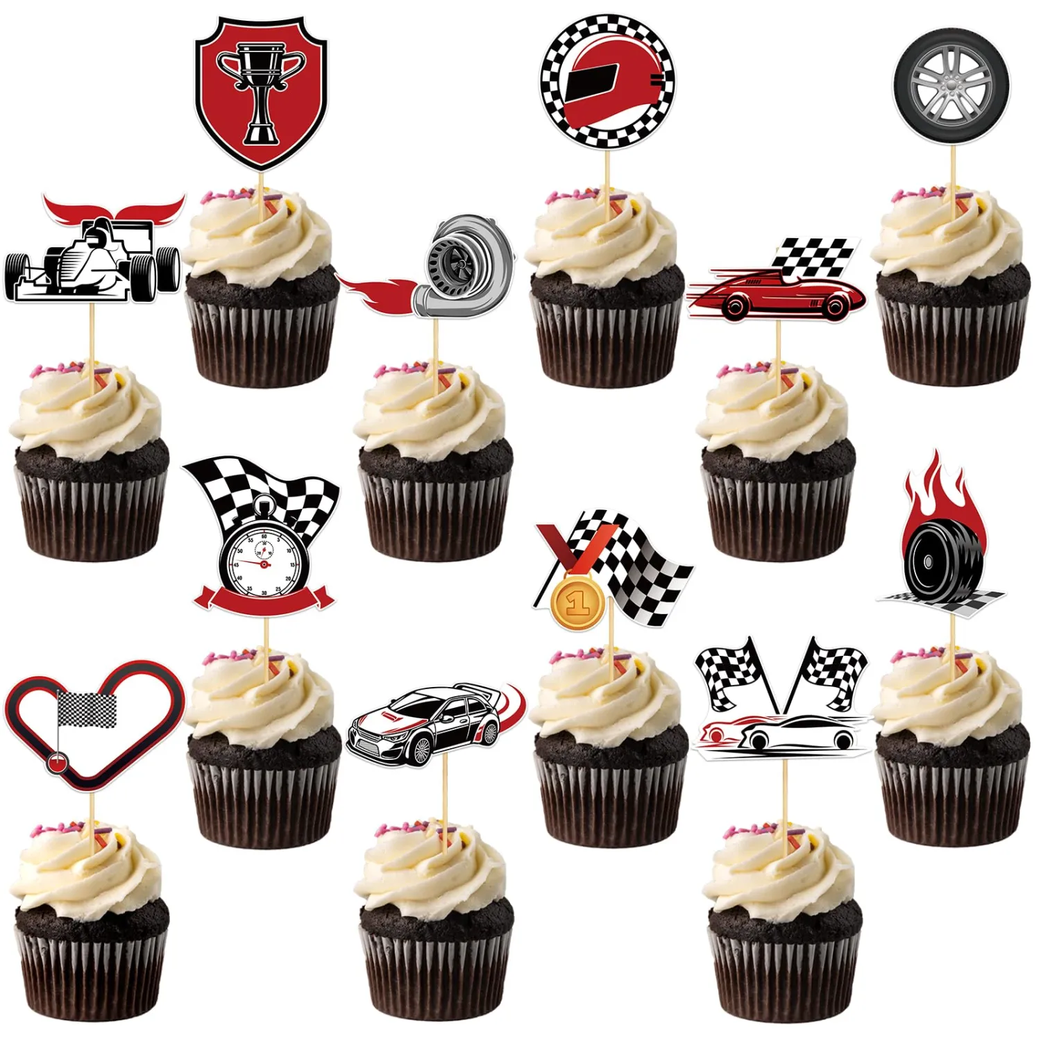 48 Pcs Racing Car Cupcake Topper Birthday Cake Decorations Checkered Flags Car Theme Cupcake Birthday Party Dessert Picks for Racing Birthday Baby Shower Party Supplies