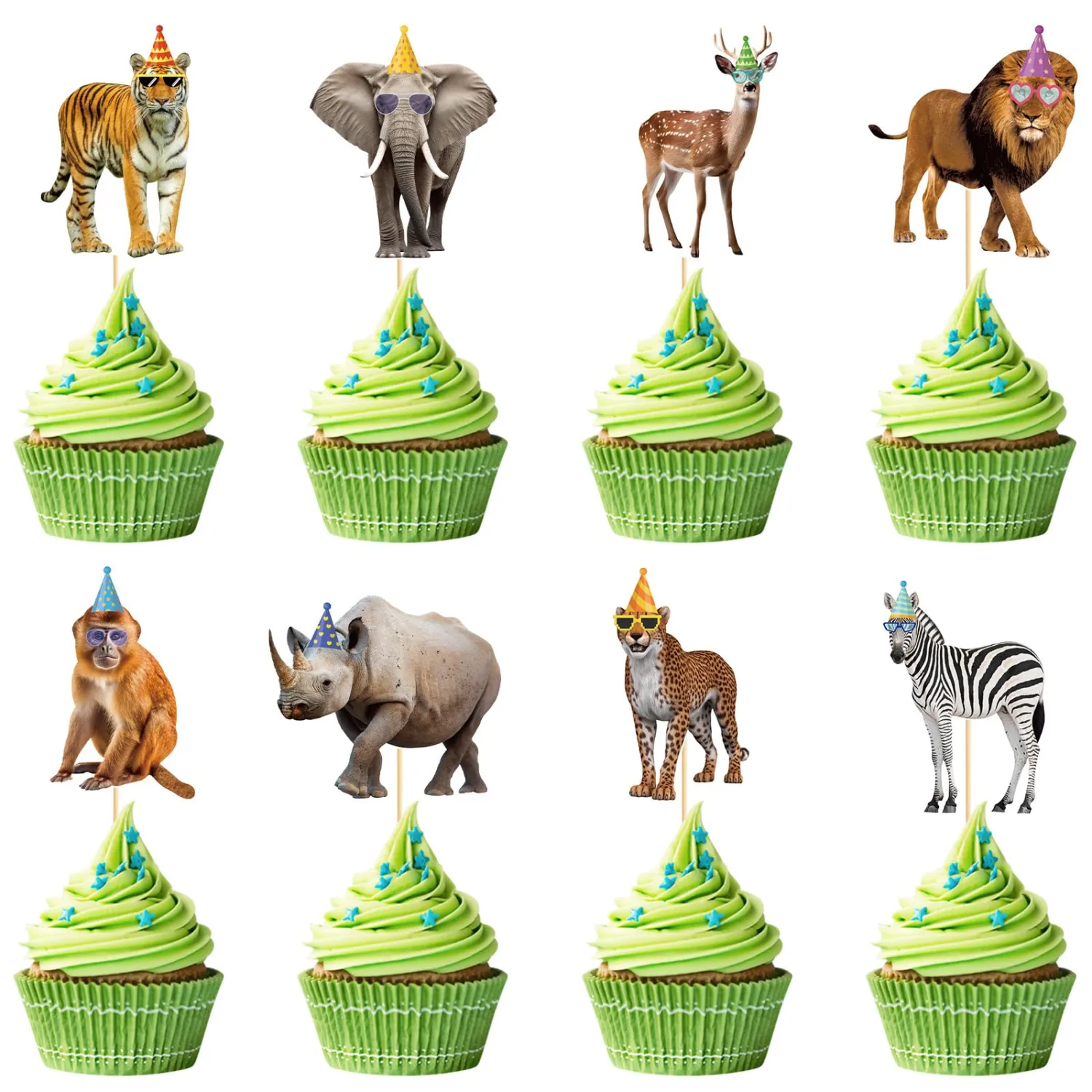 48 Pcs Safari Animals Birthday Cupcake Toppers Party Animals Cupcake Toppers Jungle Theme Birthday Cake Decorations for Safari Jungle Wild Zoo Baby Shower Birthday Party Supplies