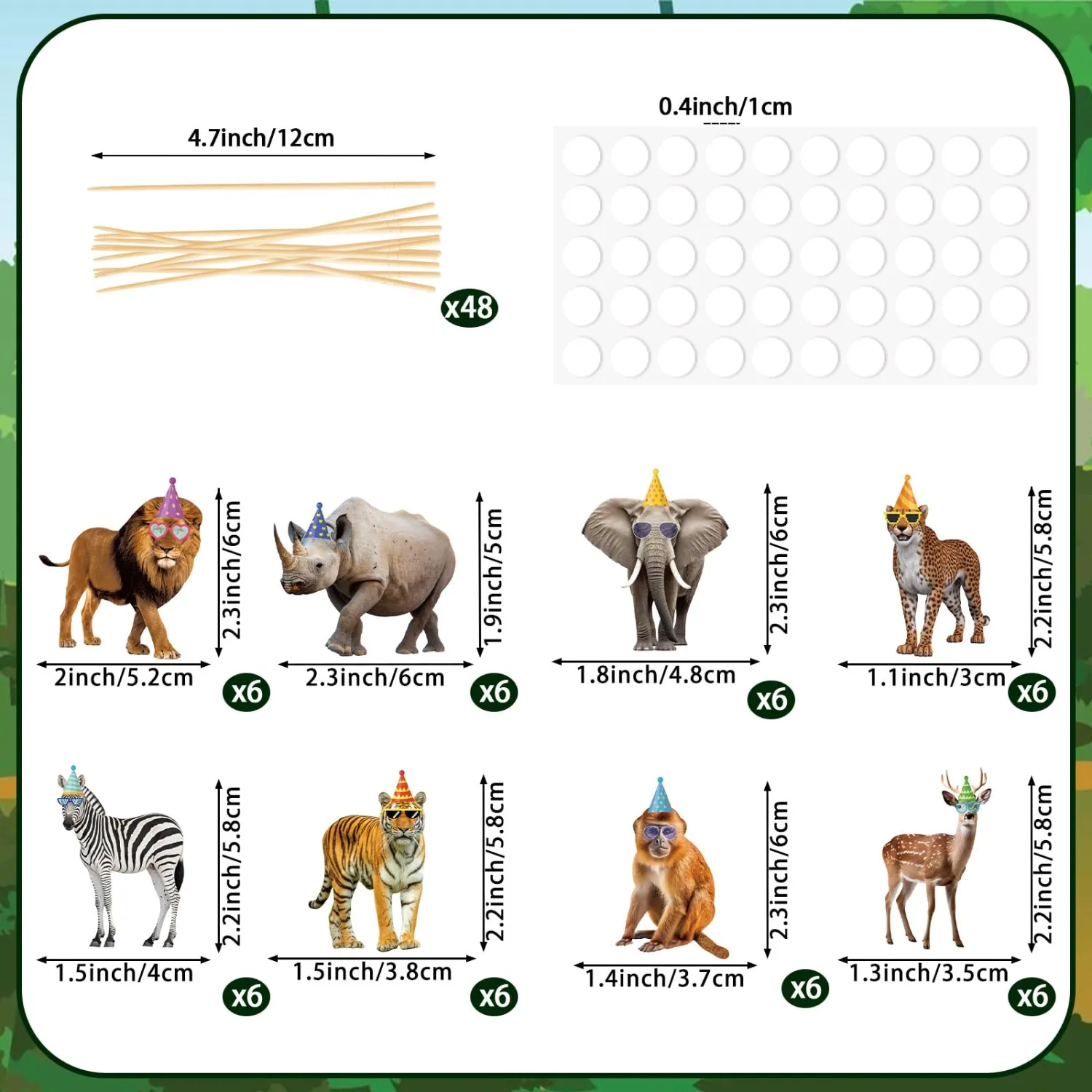 48 Pcs Safari Animals Birthday Cupcake Toppers Party Animals Cupcake Toppers Jungle Theme Birthday Cake Decorations for Safari Jungle Wild Zoo Baby Shower Birthday Party Supplies