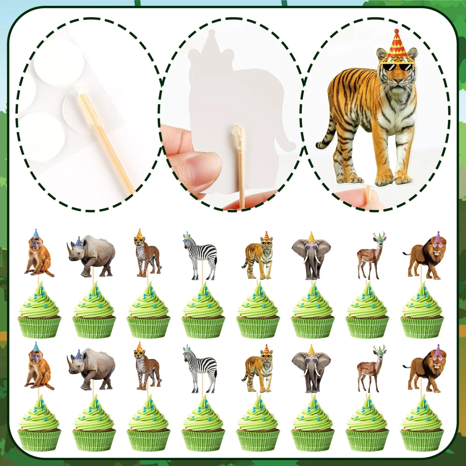 48 Pcs Safari Animals Birthday Cupcake Toppers Party Animals Cupcake Toppers Jungle Theme Birthday Cake Decorations for Safari Jungle Wild Zoo Baby Shower Birthday Party Supplies