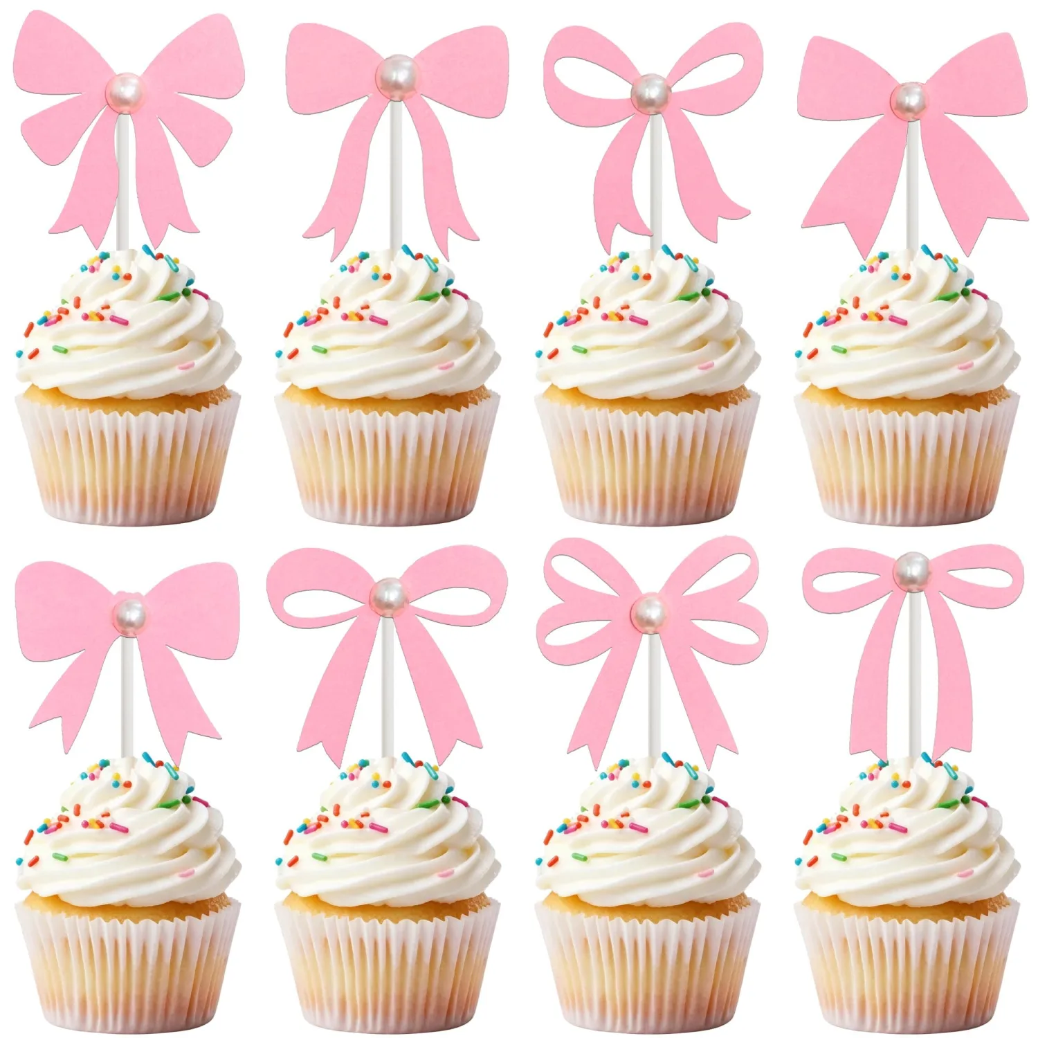 Bow Pearl Cupcake Toppers Pink Bow Birthday Party Decorations 24Pcs Coquette Bow Cupcake Picks Bowknot Bachelorette Cake Decoration for Girls Theme Wedding Engagement Bridal Shower Supplies