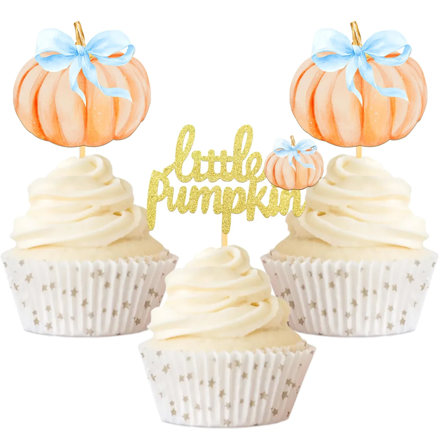 24 Pcs Pumpkin Cupcake Toppers (bow blue)