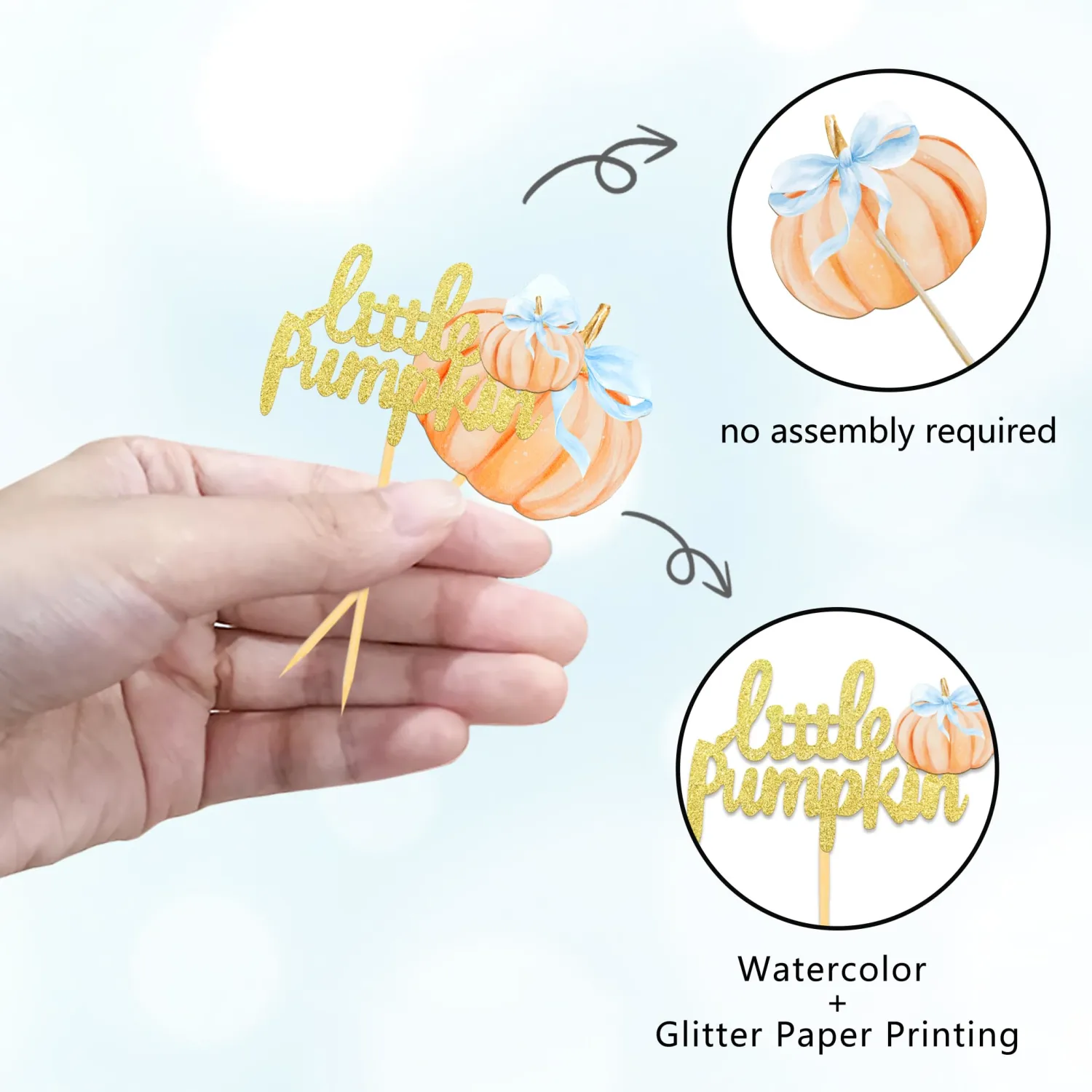 24 Pcs Pumpkin Cupcake Toppers (bow blue)
