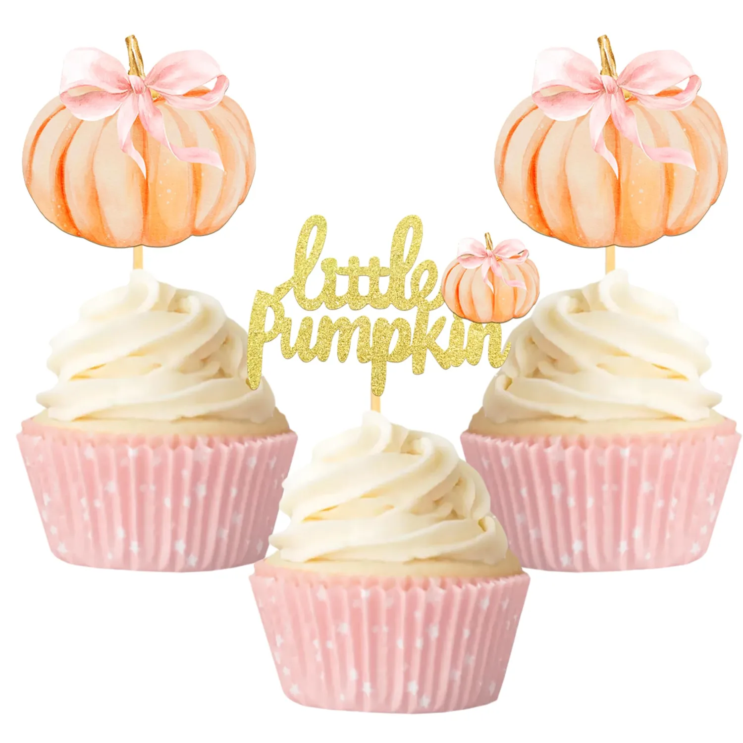 24 Pcs Pumpkin Cupcake Toppers (bow pink)