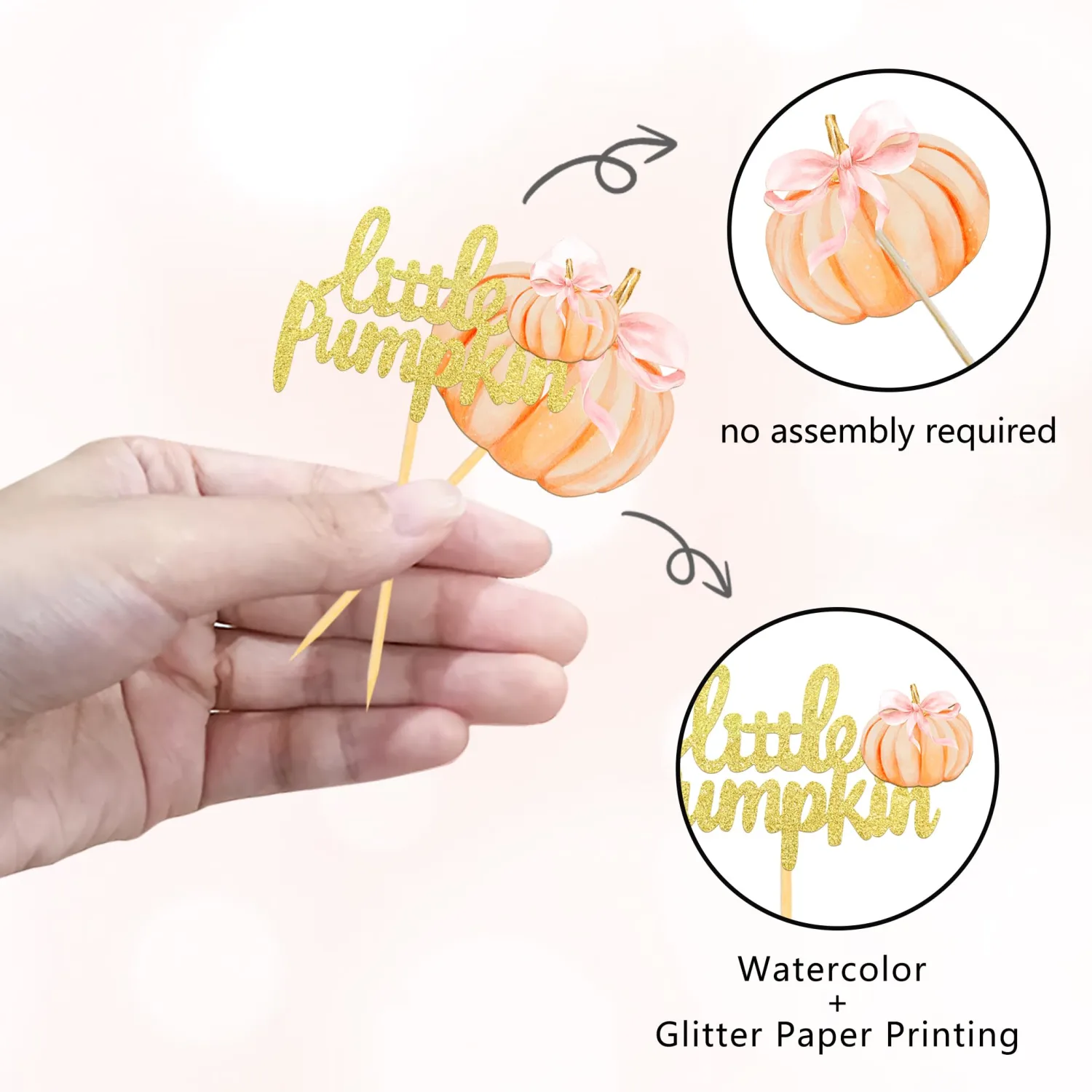 24 Pcs Pumpkin Cupcake Toppers (bow pink)