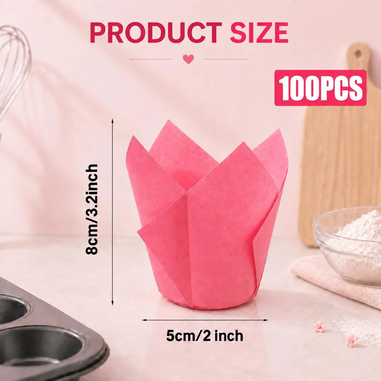 100 Pcs Hot Pink Tulip Cupcake Liners for Baking, Muffin Liners