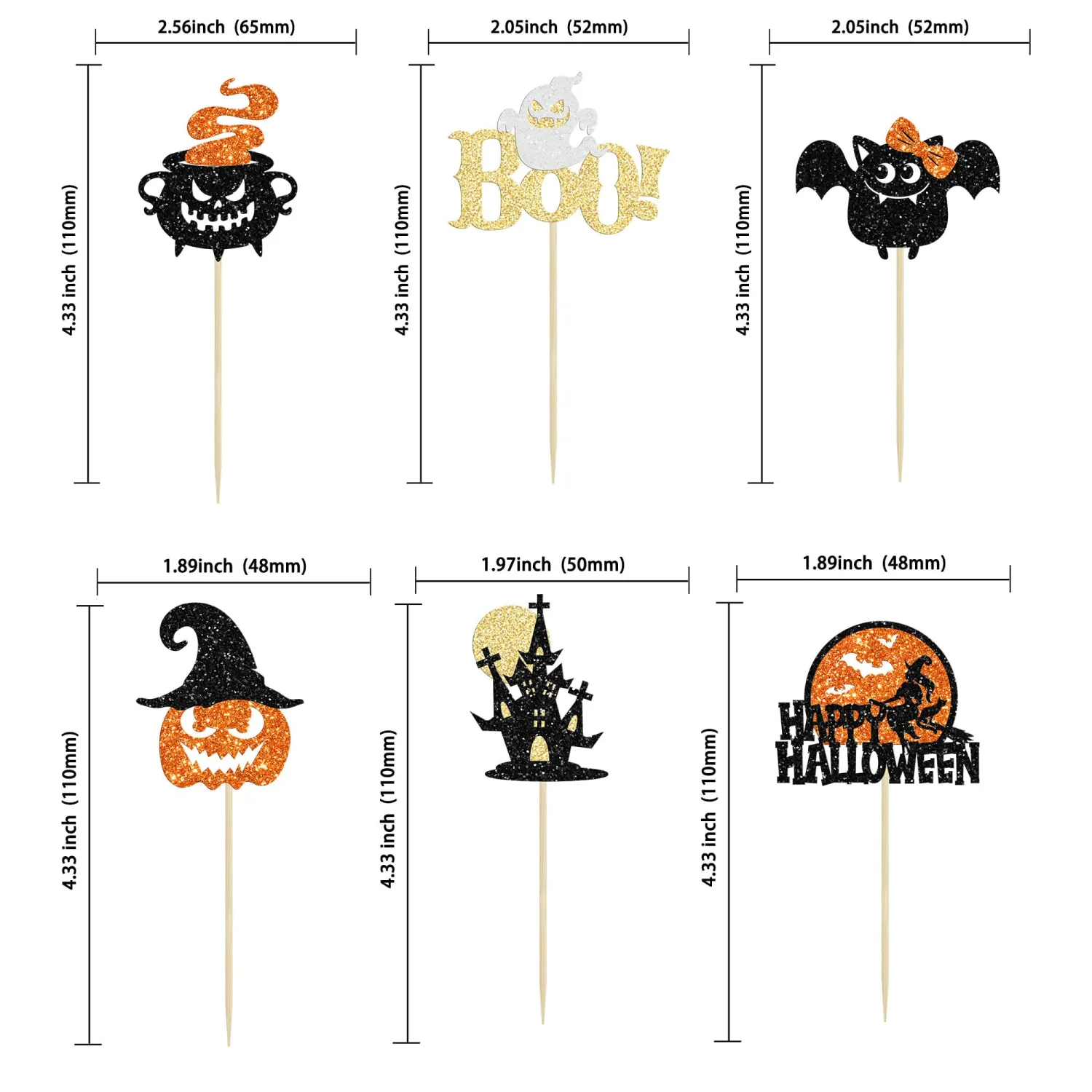 24Pcs Happy Halloween Cupcake Toppers Glitter Picks - Bat Pumpkin Ghost Decorations for Halloween Theme Baby Shower Birthday Party Cake Supplies