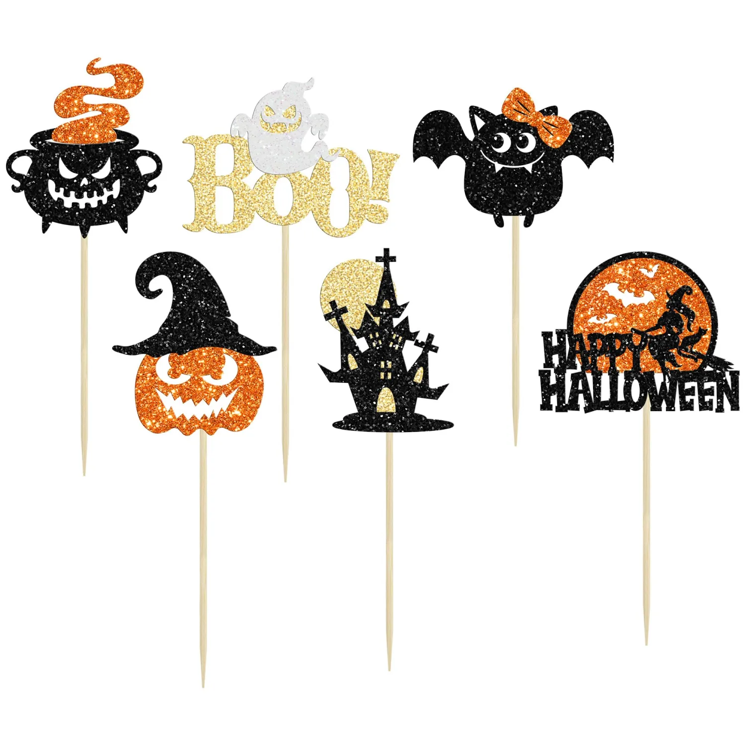 24Pcs Happy Halloween Cupcake Toppers Glitter Picks - Bat Pumpkin Ghost Decorations for Halloween Theme Baby Shower Birthday Party Cake Supplies
