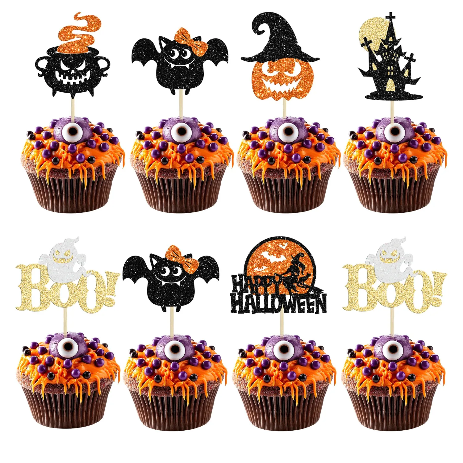 24Pcs Happy Halloween Cupcake Toppers Glitter Picks - Bat Pumpkin Ghost Decorations for Halloween Theme Baby Shower Birthday Party Cake Supplies