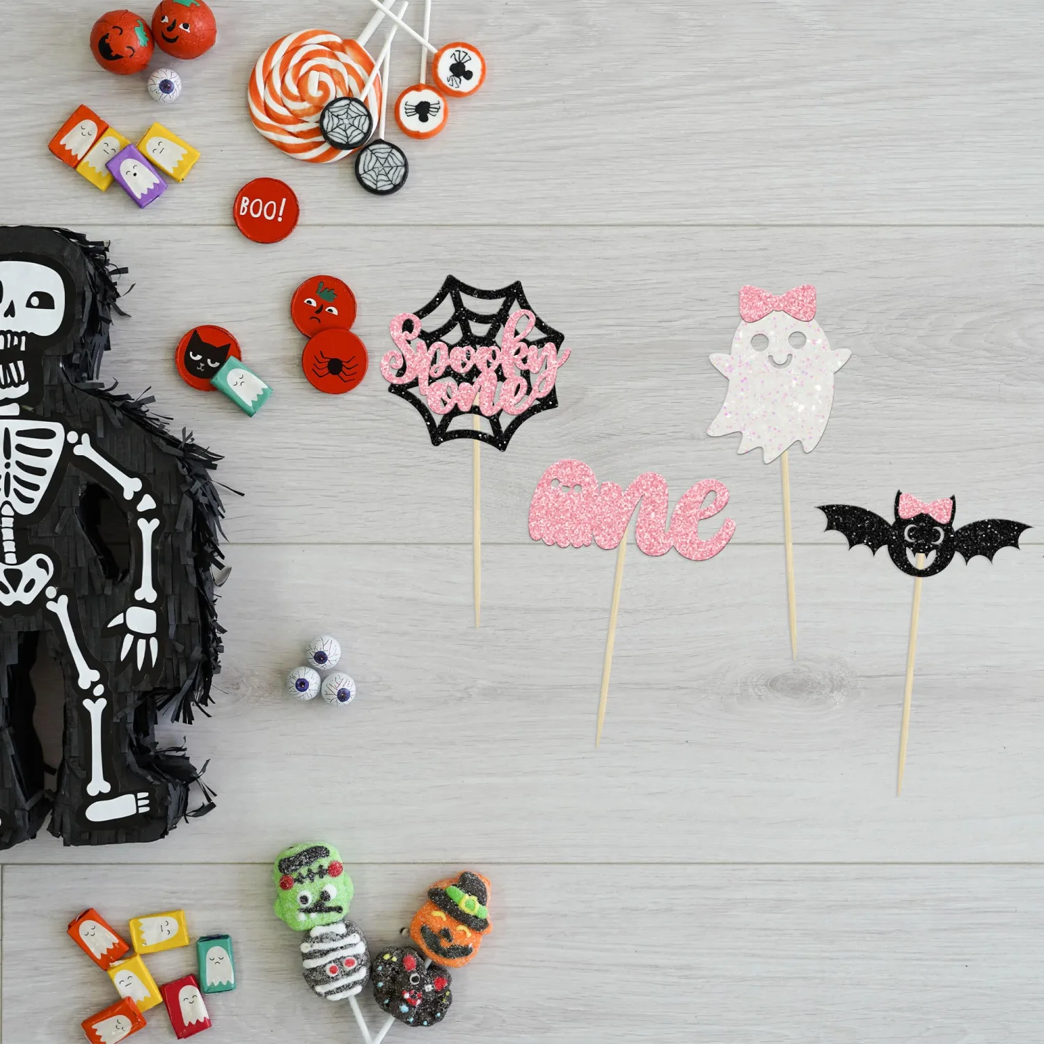 24Pcs Halloween Spooky One Cupcake Toppers Pink Bat Boo Girl First Birthday Cupcake Picks for Halloween Theme Girl Kids First Birthday Party Decorations Supplies