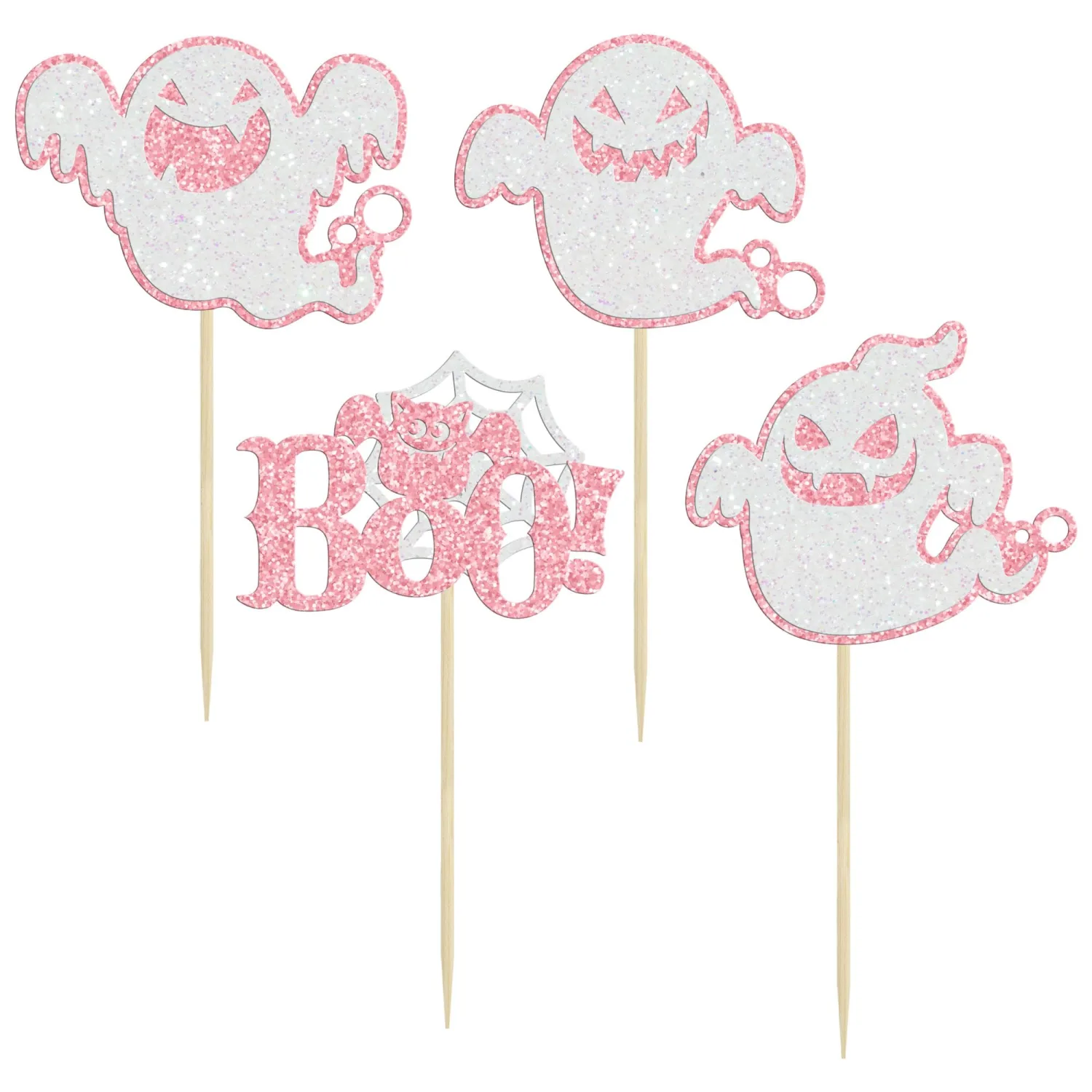 Ephlyn 24Pcs Ghost Cupcake Toppers Pink Glitter Boo Cake Decorations for Halloween Baby Shower, Kids Birthday Party Supplies