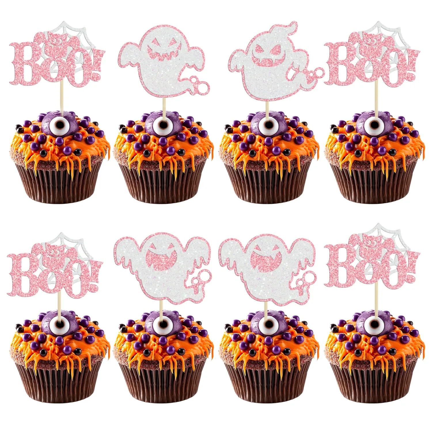 Ephlyn 24Pcs Ghost Cupcake Toppers Pink Glitter Boo Cake Decorations for Halloween Baby Shower, Kids Birthday Party Supplies