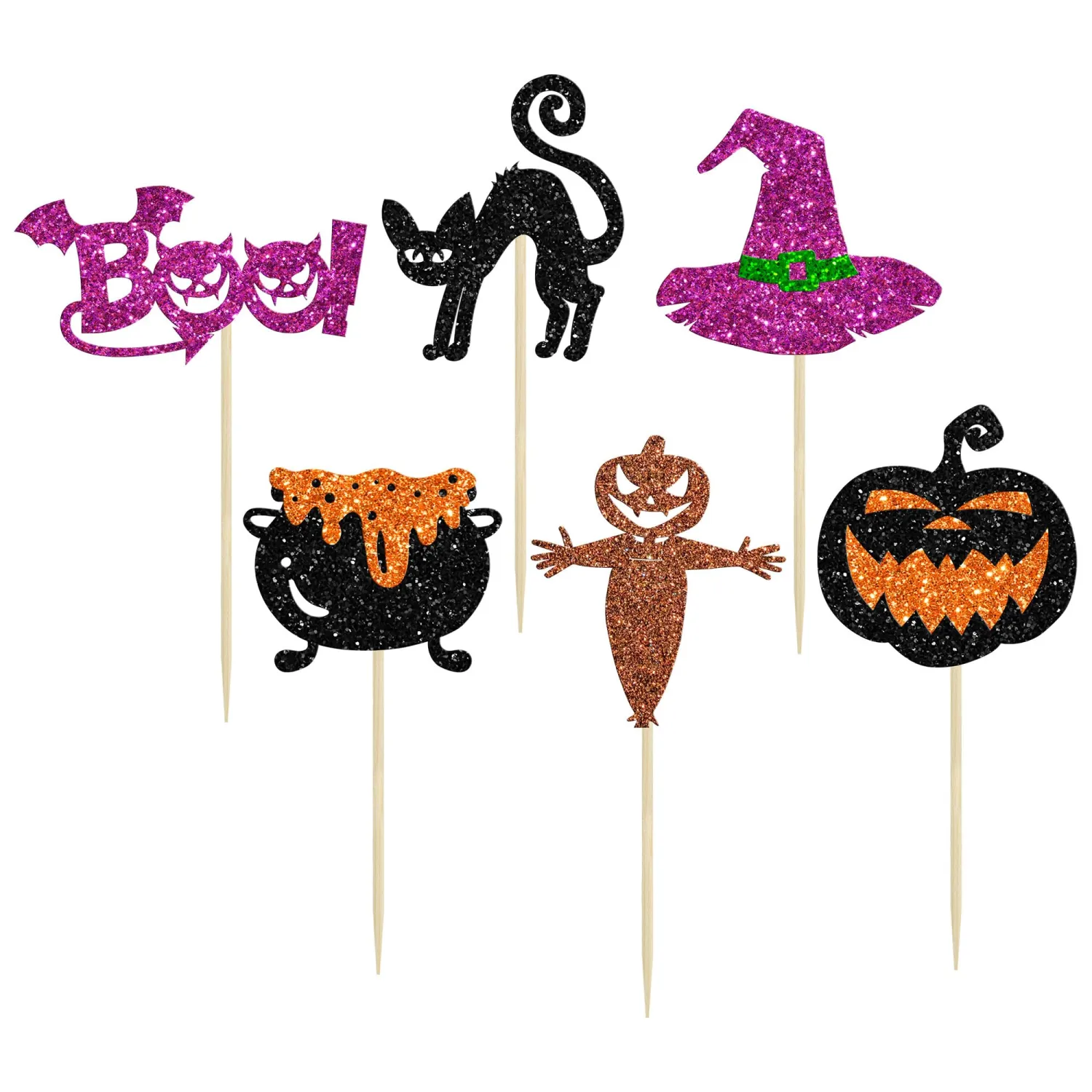 24Pcs Halloween Cupcake Toppers Glitter Witch Cat Pumpkin Spider Web Cupcake Picks Boo Ghost Cake Decorations for Happy Halloween Theme Baby Shower Birthday Party Supplies