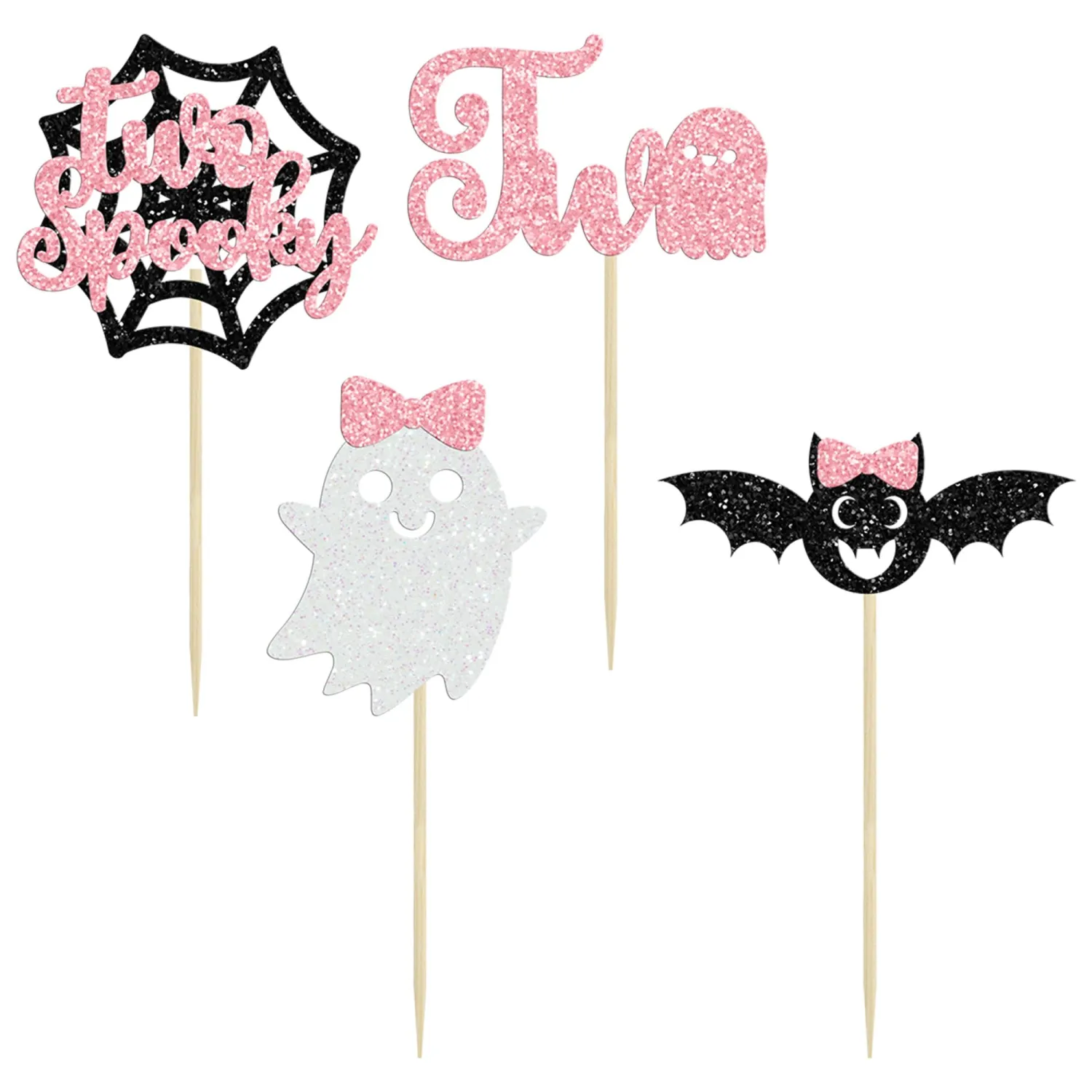 24Pcs Halloween 2nd Birthday Cupcake Toppers Pink Glitter Two Groovy Ghost Cake Decorations Bat Witch Ghost Cake Toppers for Happy Halloween Theme Baby Shower Birthday Party Supplies