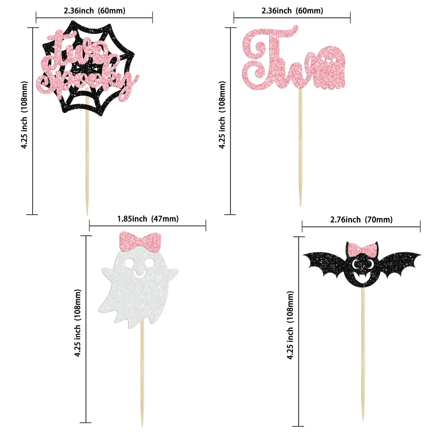 24Pcs Halloween 2nd Birthday Cupcake Toppers Pink Glitter Two Groovy Ghost Cake Decorations Bat Witch Ghost Cake Toppers for Happy Halloween Theme Baby Shower Birthday Party Supplies