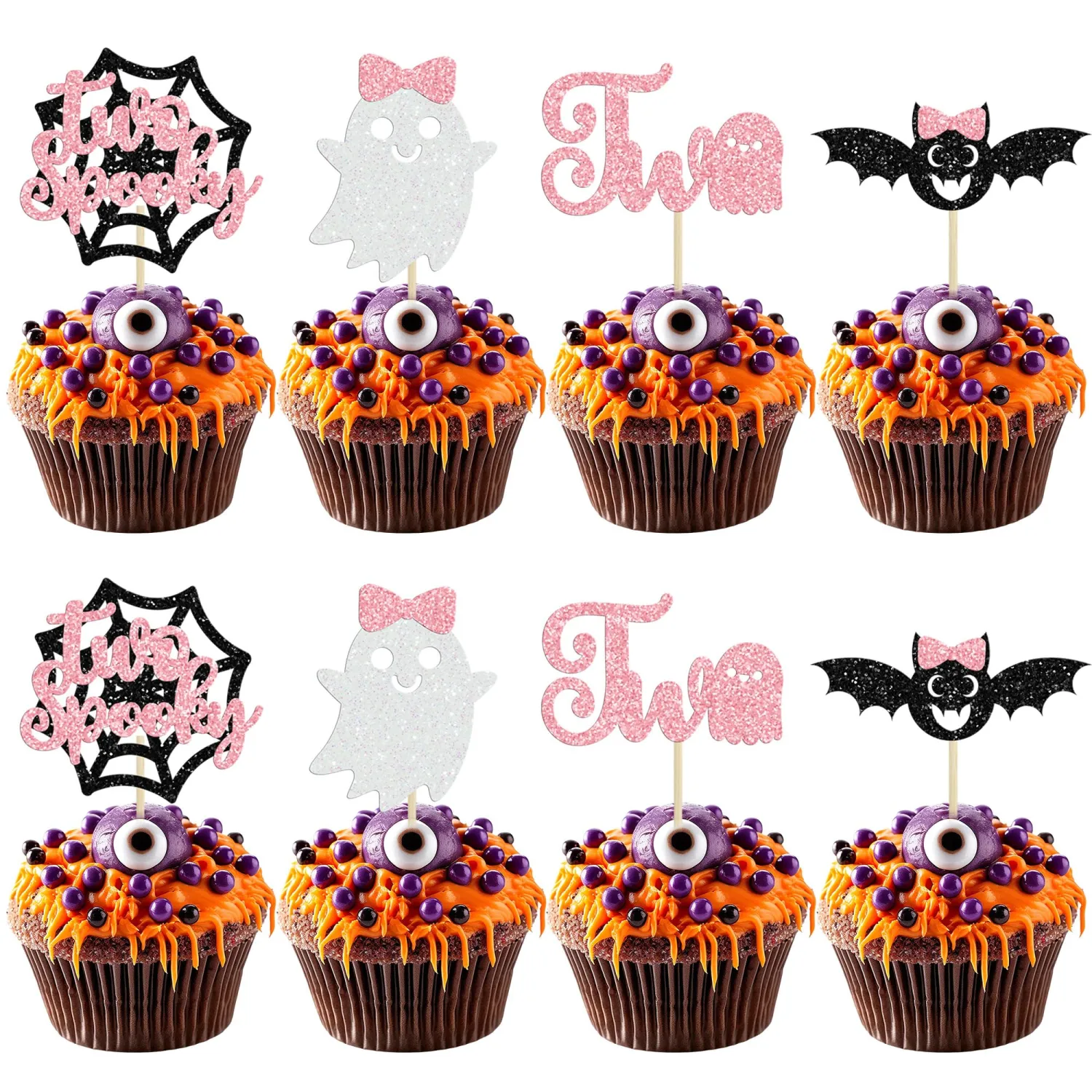 24Pcs Halloween 2nd Birthday Cupcake Toppers Pink Glitter Two Groovy Ghost Cake Decorations Bat Witch Ghost Cake Toppers for Happy Halloween Theme Baby Shower Birthday Party Supplies