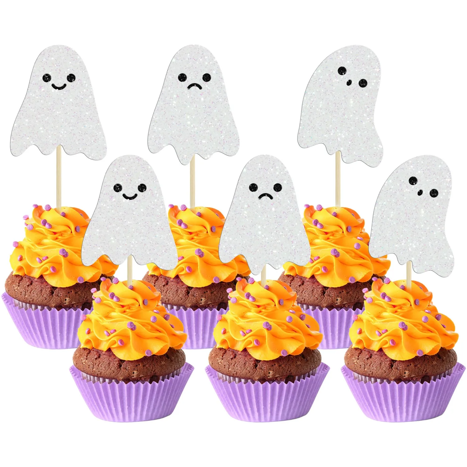 24Pcs Ghost Cupcake Toppers White Glitter Halloween Baby Shower Halloween Cupcake Toppers Ghost Cake Decorations for Birthday Party Decorations