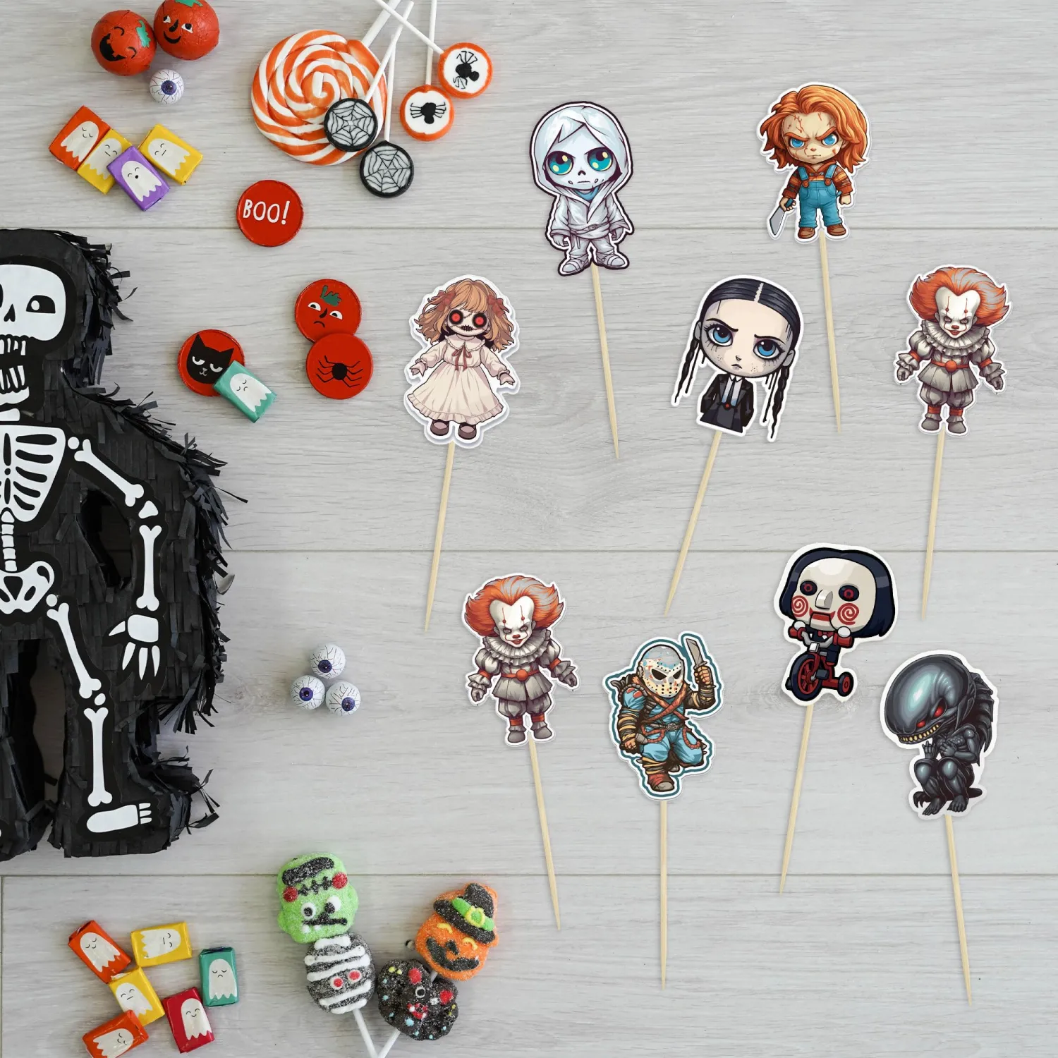 36Pcs Horror Classic Movie Cupcake Toppers Horror Movie Cupcake Food Picks Decorations for Friday the Halloween Theme Birthday Baby Shower Cake Decorations Supplies