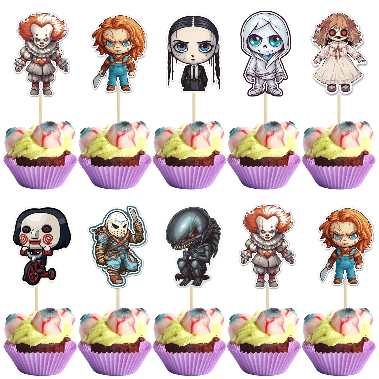 36Pcs Horror Classic Movie Cupcake Toppers Horror Movie Cupcake Food Picks Decorations for Friday the Halloween Theme Birthday Baby Shower Cake Decorations Supplies