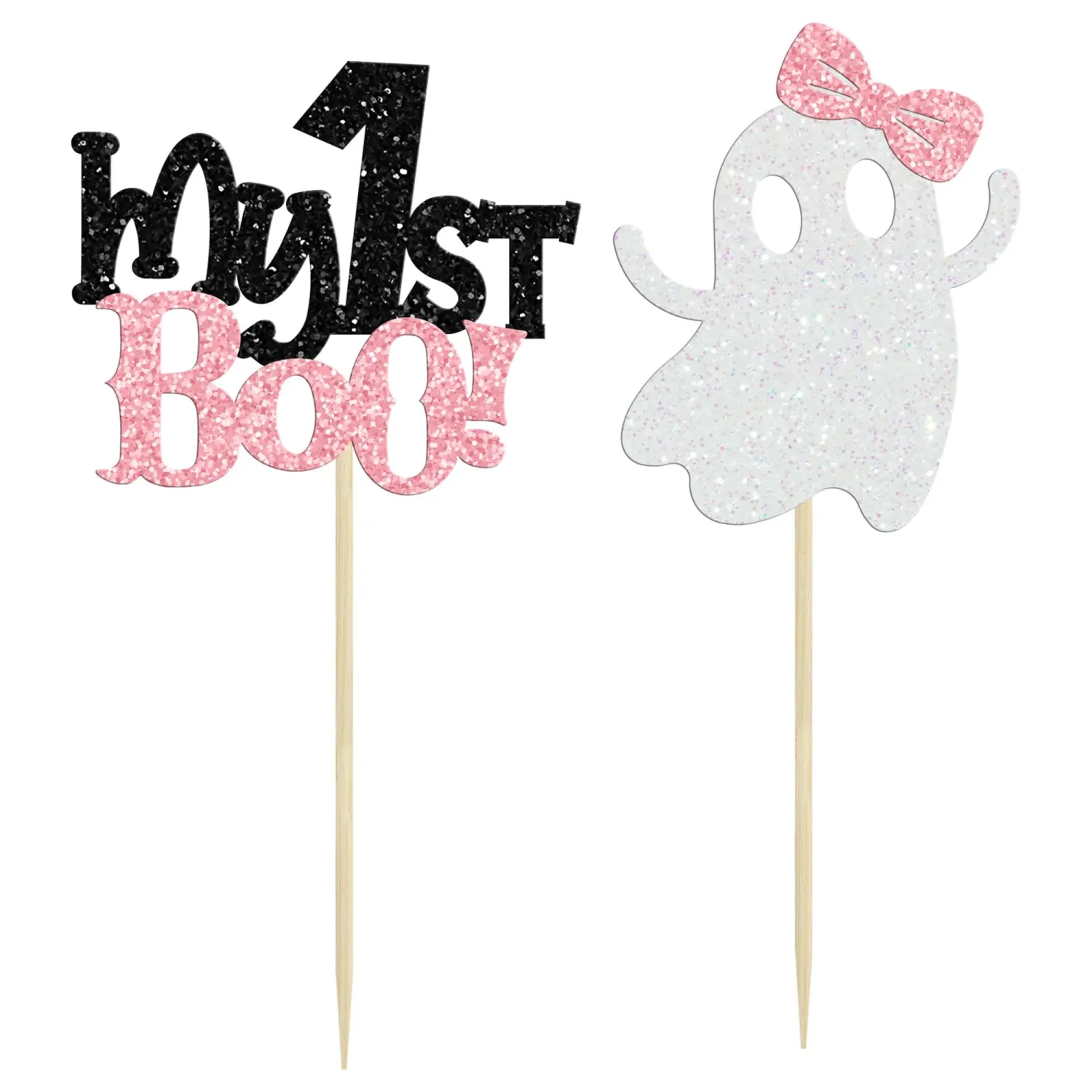24Pcs My 1st Boo Cupcake Toppers Ghost Babyshower Cupcake Picks Pink Bow Ghost Halloween Cake Decorations for Halloween Theme Baby Shower Birthday Party Cake Decorations Supplies