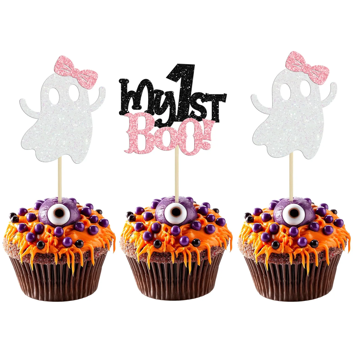24Pcs My 1st Boo Cupcake Toppers Ghost Babyshower Cupcake Picks Pink Bow Ghost Halloween Cake Decorations for Halloween Theme Baby Shower Birthday Party Cake Decorations Supplies
