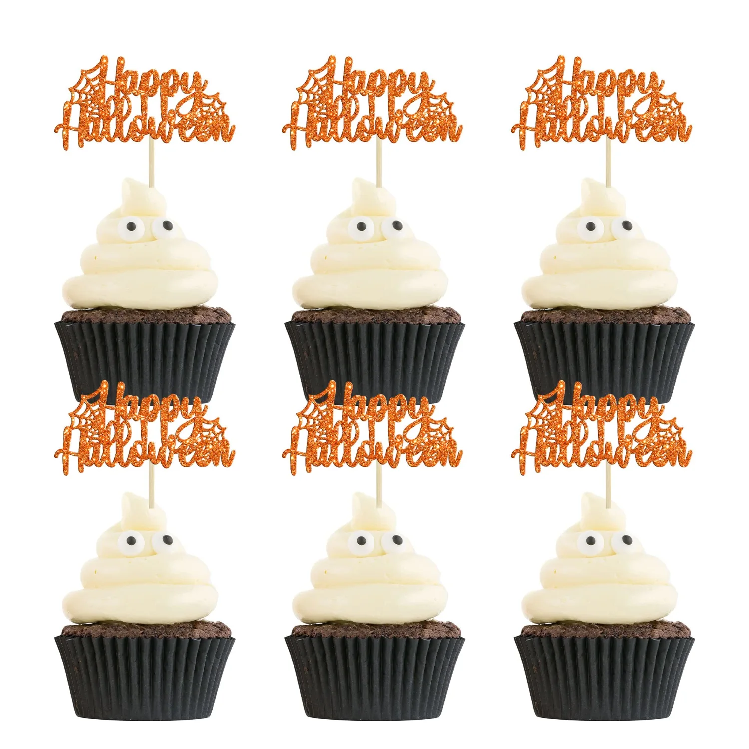 24pcs Happy Halloween Cupcake Toppers - Orange Spider Web Glitter Cupcake Picks for Halloween Theme Baby Shower Birthday Party Cake Decorations