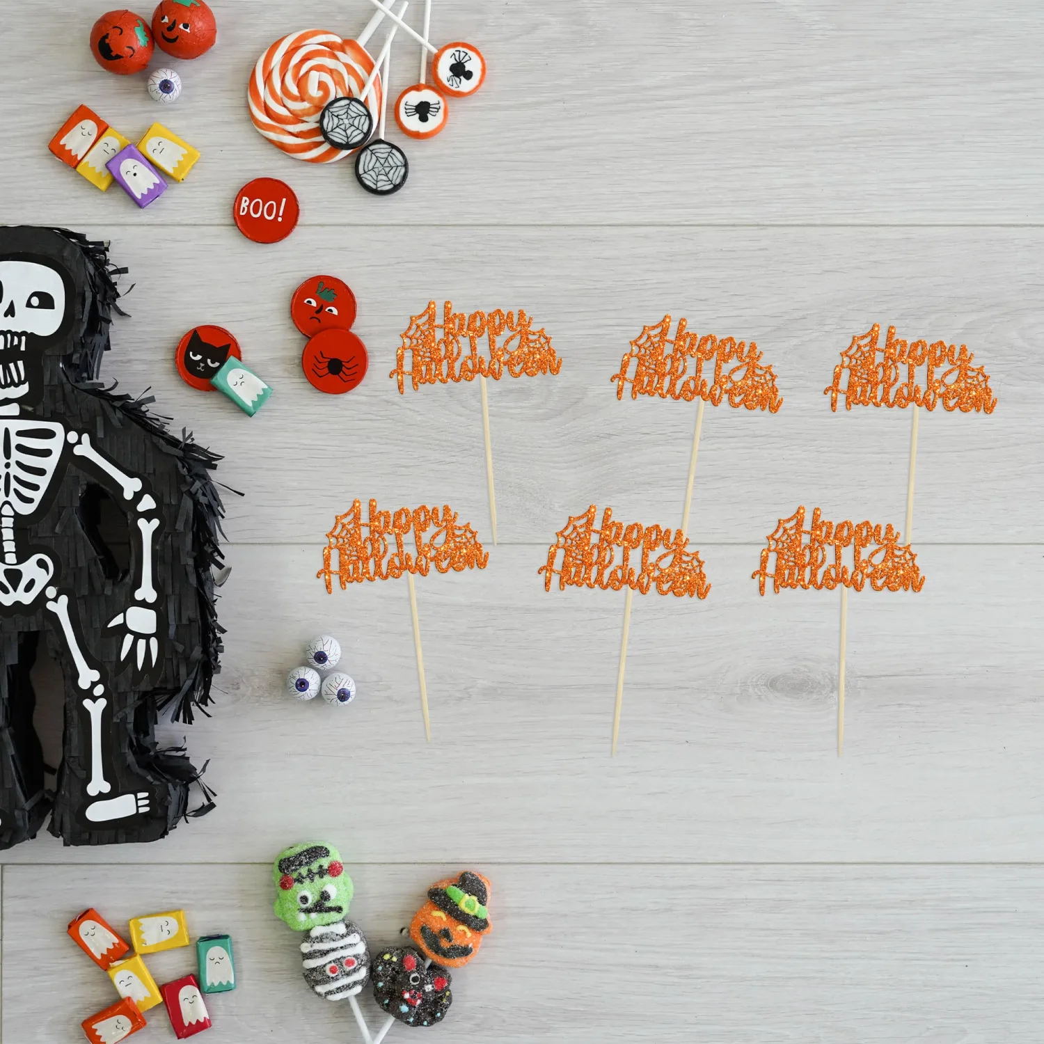 24pcs Happy Halloween Cupcake Toppers - Orange Spider Web Glitter Cupcake Picks for Halloween Theme Baby Shower Birthday Party Cake Decorations