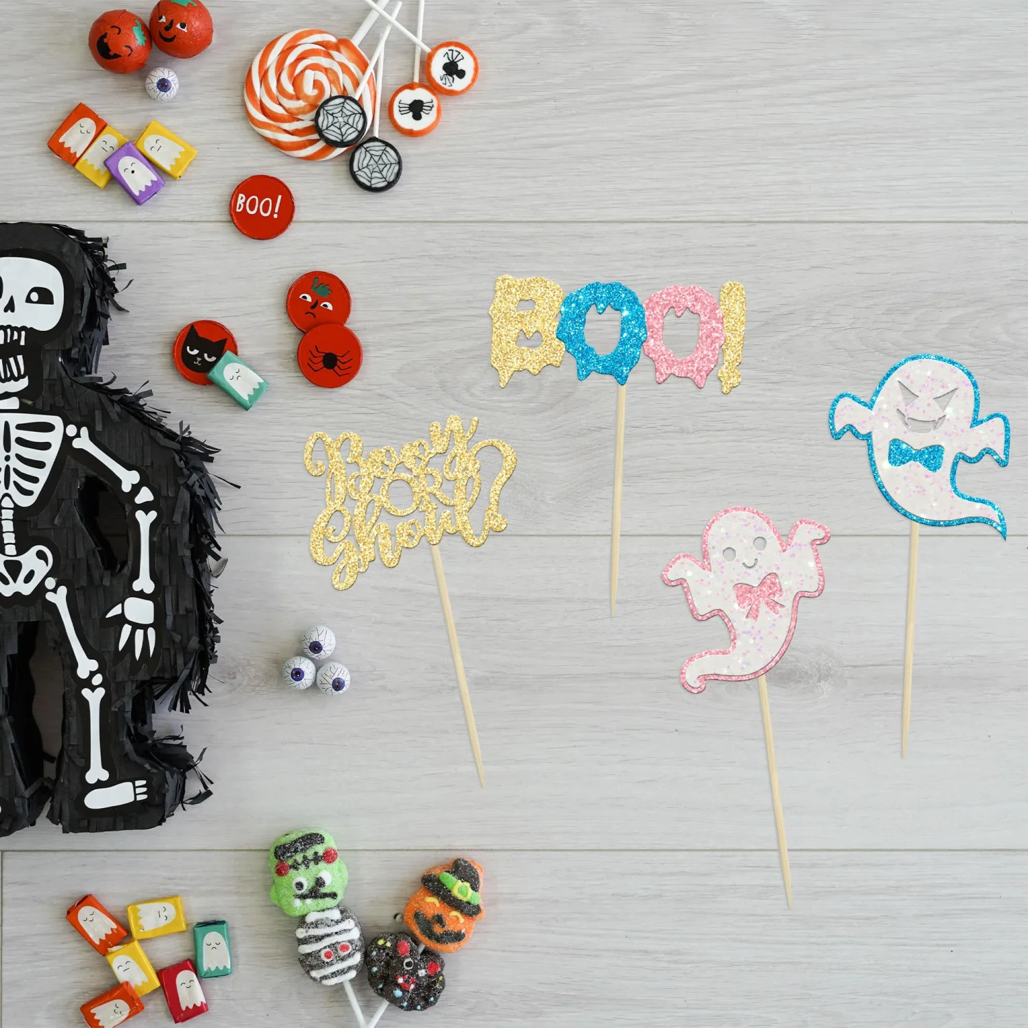 24pcs Little Boo Halloween Gender Reveal Cupcake Toppers - Ghoul Cake Toppers for Decorations