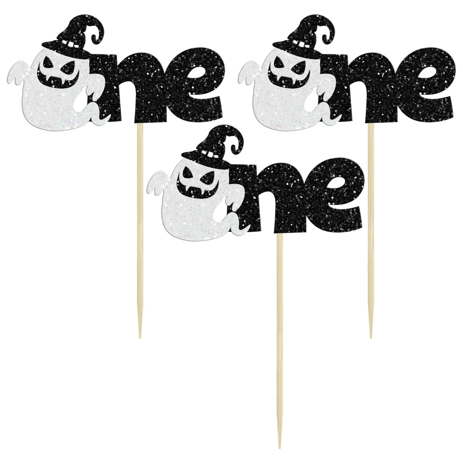 24Pcs Ghost One Cupcake Toppers Glitter Halloween Baby Ghost Cupcake Picks Ghost 1st Cupcake Decors Ghost One Cupcake Picks for Baby Shower Birthday Halloween Themed Party Decors Supplies