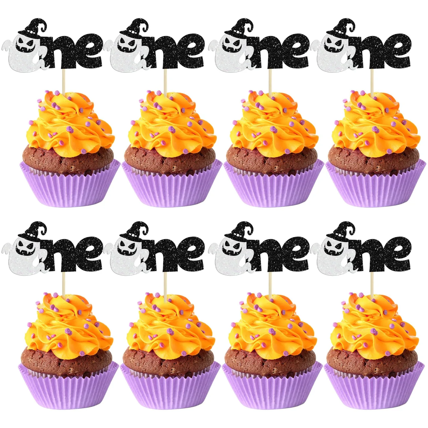 24Pcs Ghost One Cupcake Toppers Glitter Halloween Baby Ghost Cupcake Picks Ghost 1st Cupcake Decors Ghost One Cupcake Picks for Baby Shower Birthday Halloween Themed Party Decors Supplies