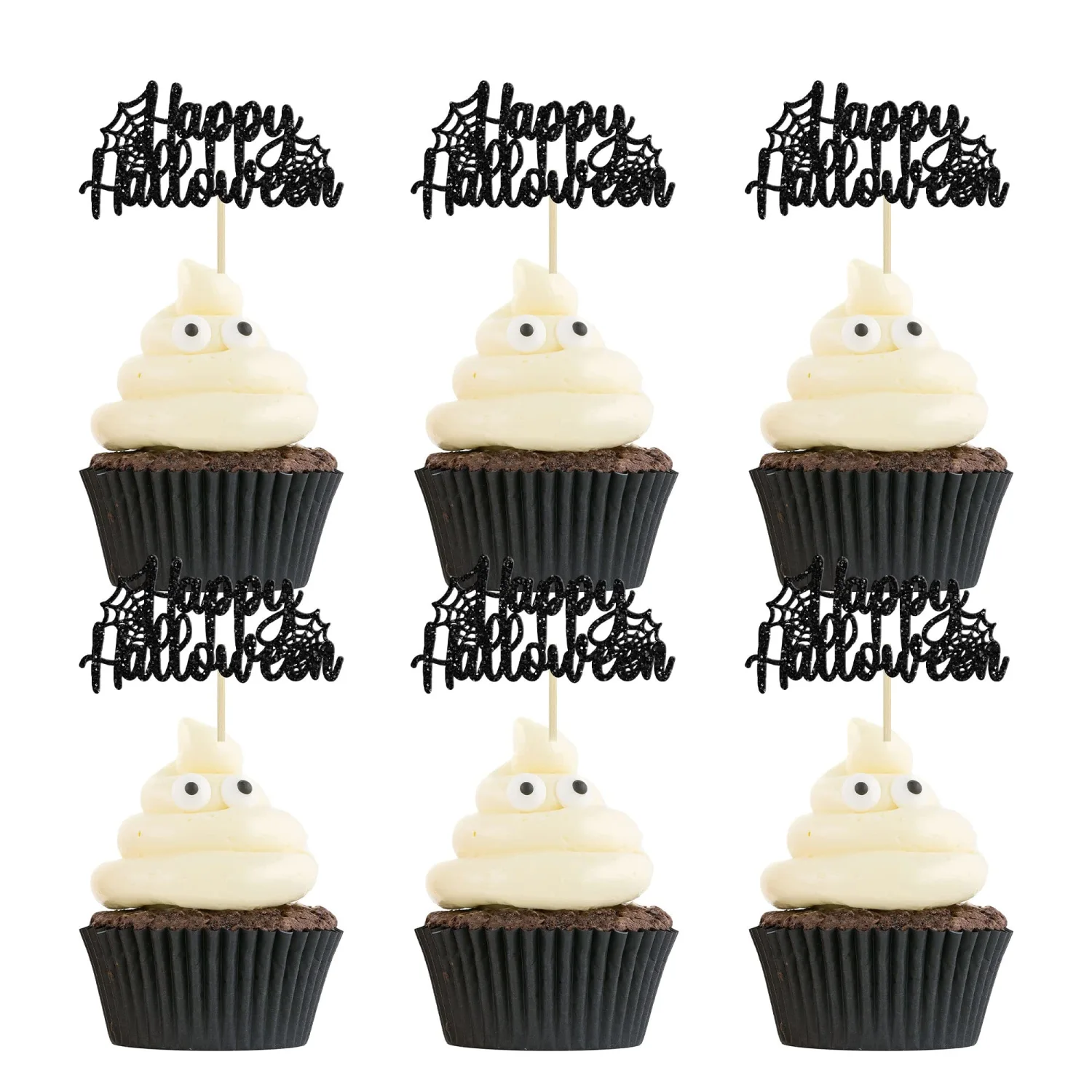24Pcs Happy Halloween Cupcake Toppers - Black Spider Web Glitter Picks for Halloween Theme Baby Shower Birthday Party Cake Decorations Supplies