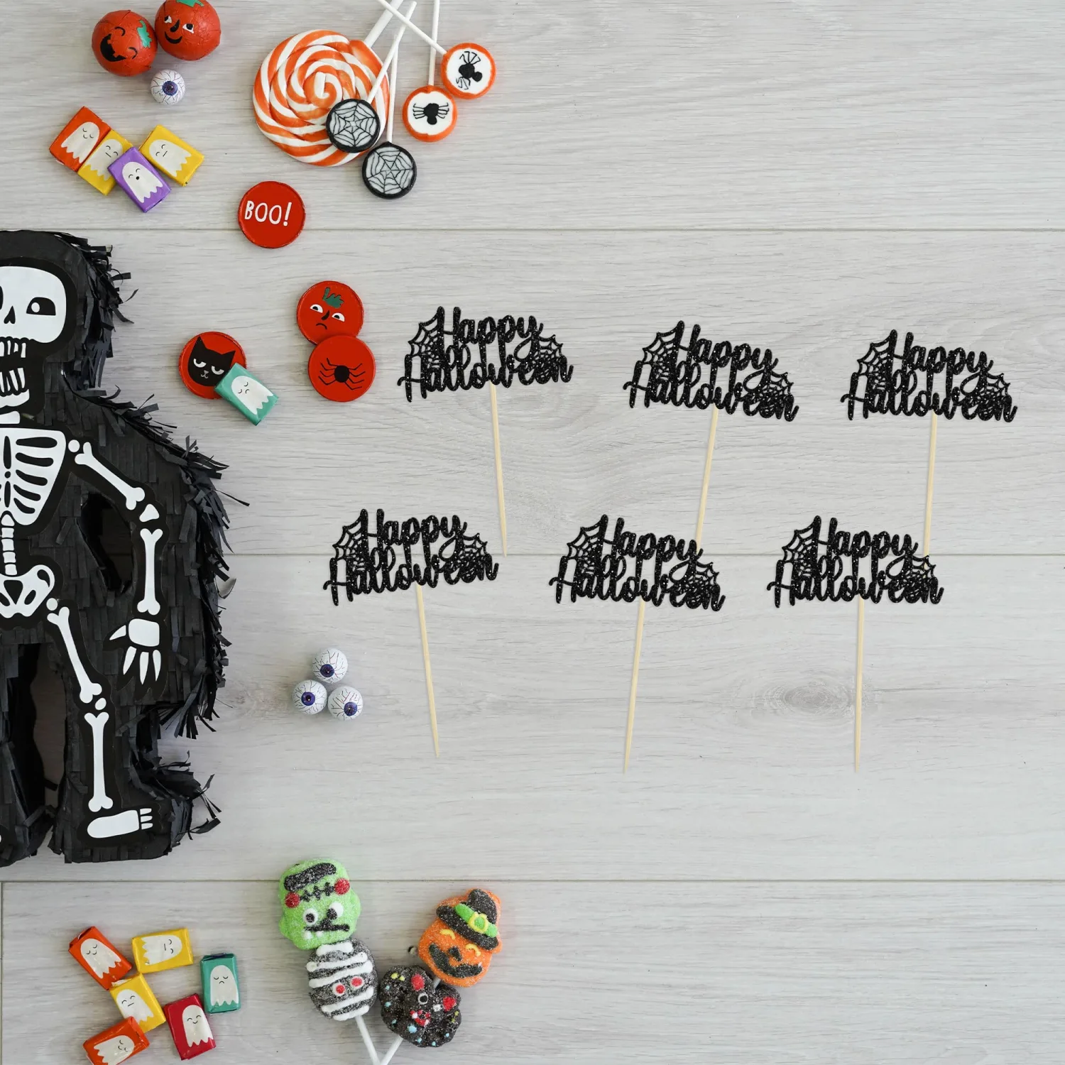24Pcs Happy Halloween Cupcake Toppers - Black Spider Web Glitter Picks for Halloween Theme Baby Shower Birthday Party Cake Decorations Supplies