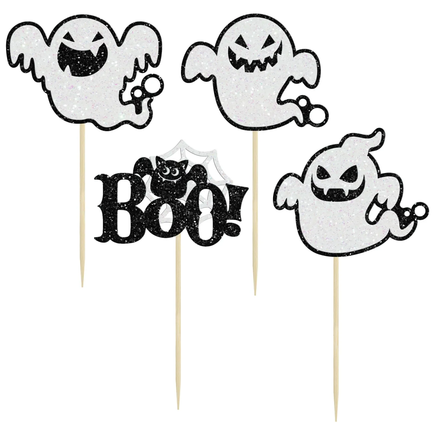 24Pcs Glitter Halloween Ghost Cupcake Toppers Halloween Boo Cake Decorations Baby Shower Cupcake Toppers Decor for Gender Reveal Decorations Party Supplies Black