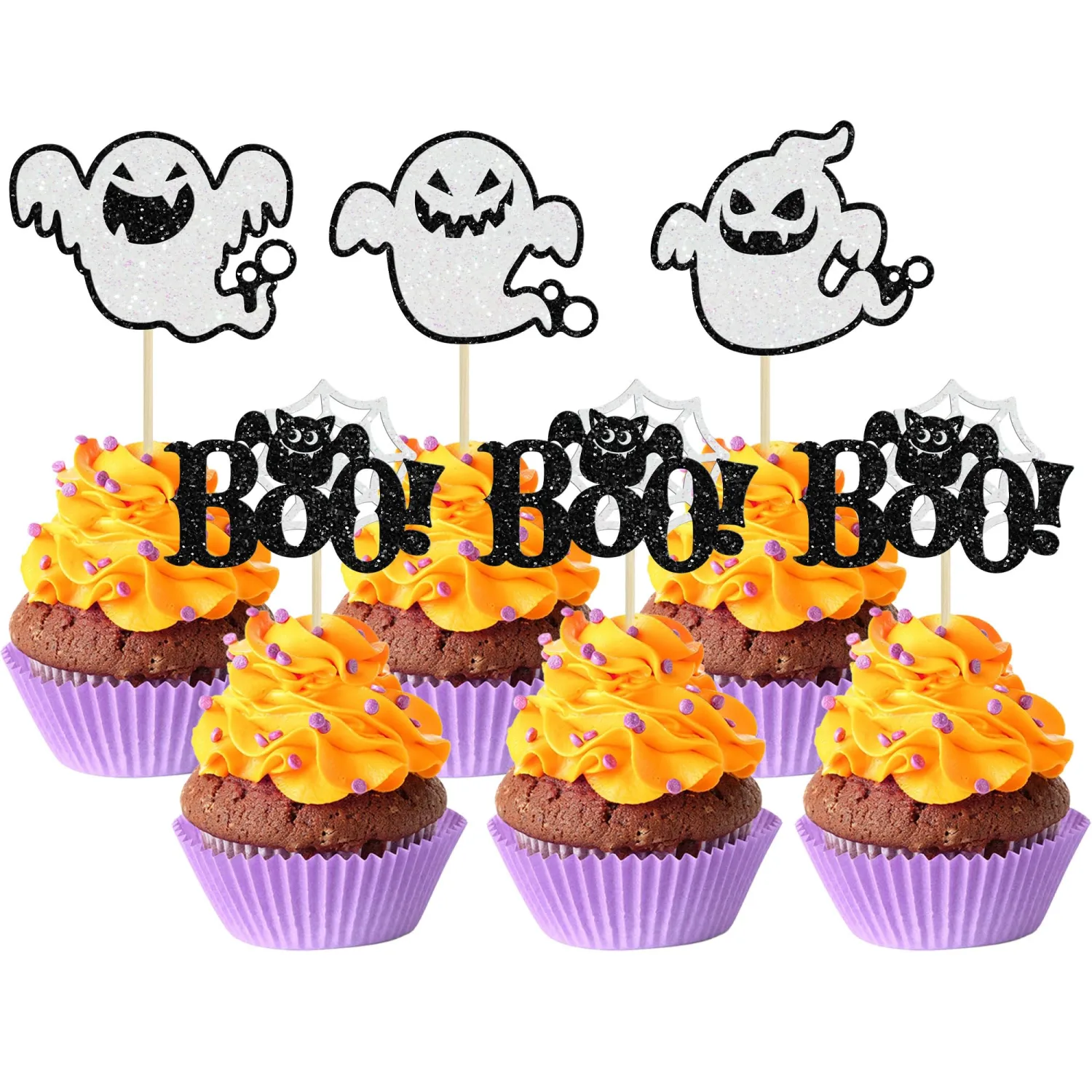 24Pcs Glitter Halloween Ghost Cupcake Toppers Halloween Boo Cake Decorations Baby Shower Cupcake Toppers Decor for Gender Reveal Decorations Party Supplies Black