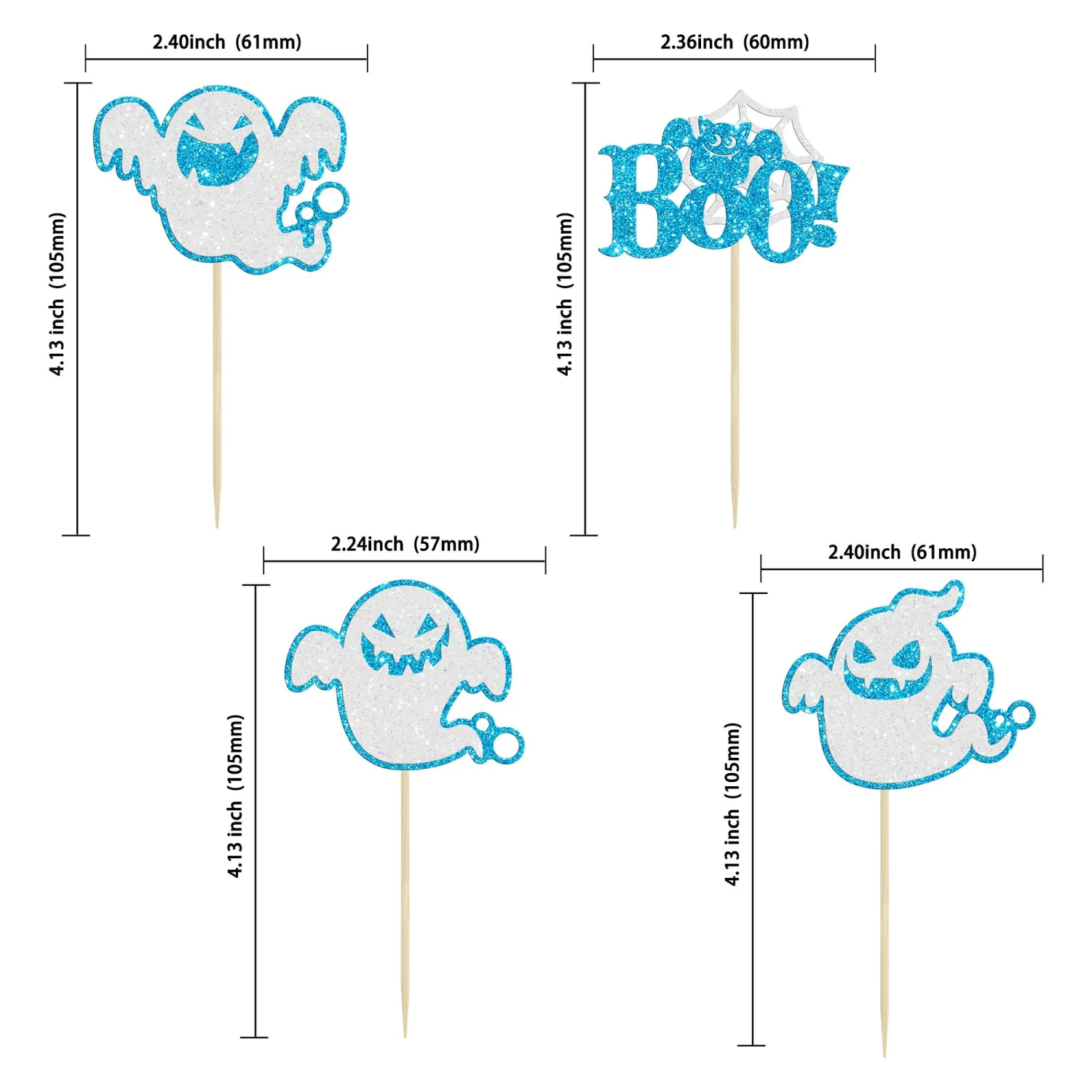 Ephlyn 24Pcs Halloween Ghost Cupcake Toppers Blue Glitter Halloween Boo Cake Decorations Halloween Baby Shower Cake Picks for Halloween Theme Kids Birthday Party Supplies