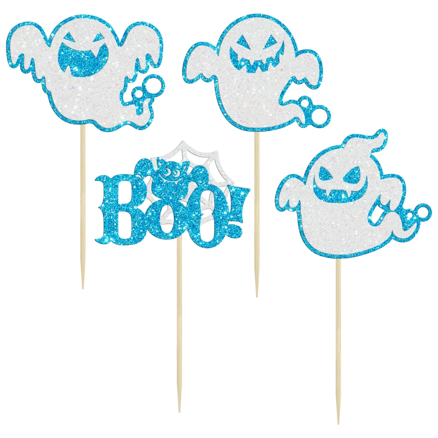 Ephlyn 24Pcs Halloween Ghost Cupcake Toppers Blue Glitter Halloween Boo Cake Decorations Halloween Baby Shower Cake Picks for Halloween Theme Kids Birthday Party Supplies