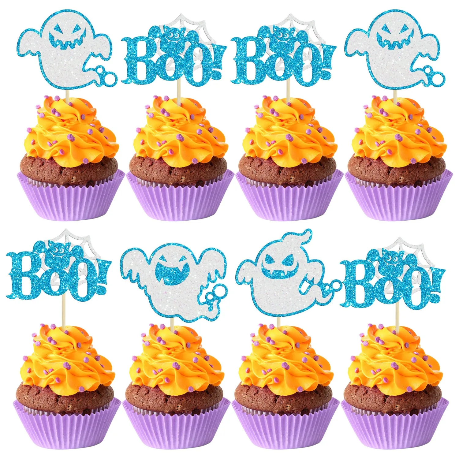 Ephlyn 24Pcs Halloween Ghost Cupcake Toppers Blue Glitter Halloween Boo Cake Decorations Halloween Baby Shower Cake Picks for Halloween Theme Kids Birthday Party Supplies