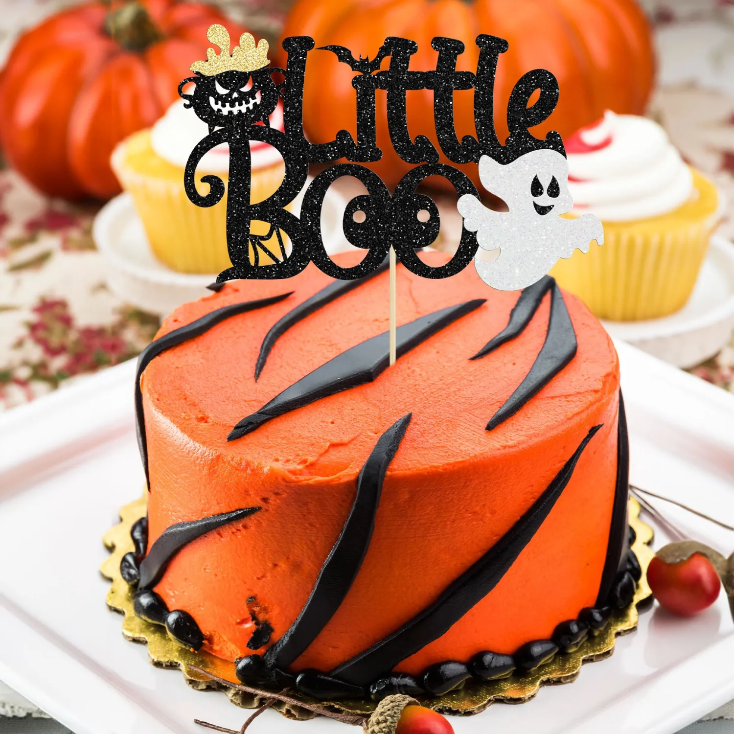 1Pc Little Boo Halloween Cake Topper Glitter Happy Boo Day Ghost Cake Pick Decoration for Baby Shower Kids Birthday Happy Halloween Party Cupcake Decoration Supplies Black