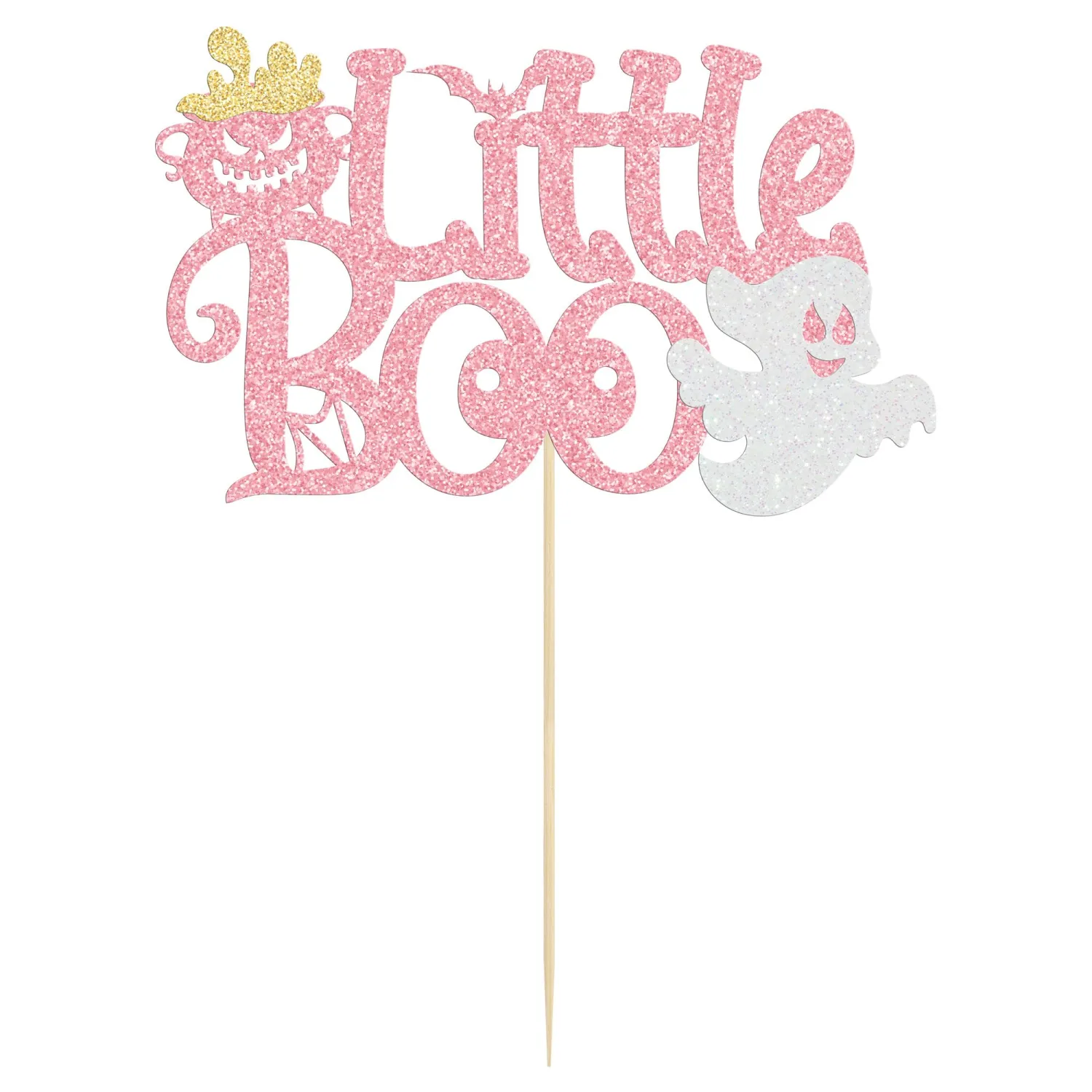 1Pc Little Boo Halloween Cake Topper Glitter Happy Boo Day Ghost Cake Pick Decoration for Baby Shower Kids Birthday Happy Halloween Party Cupcake Decoration Supplies Pink