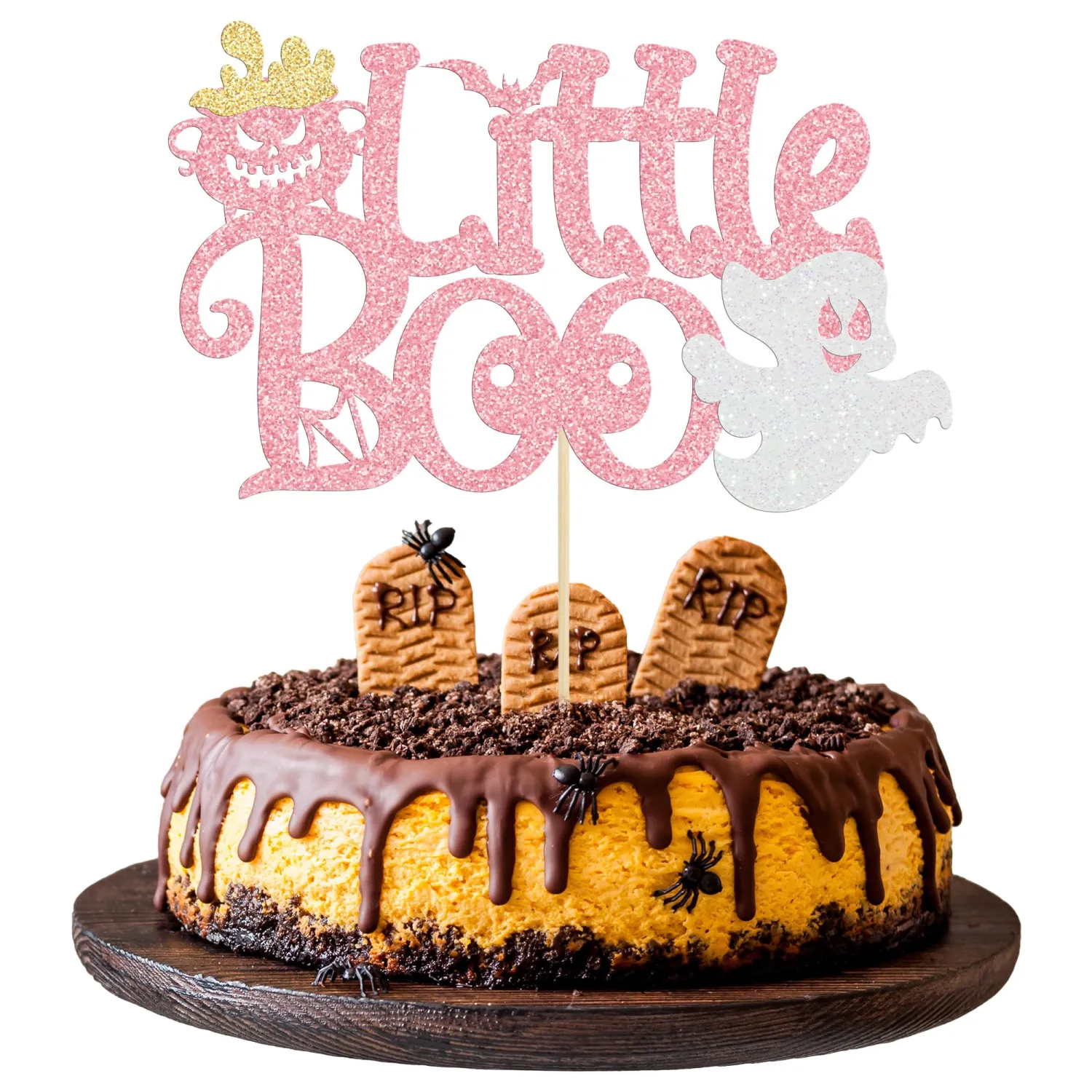 1Pc Little Boo Halloween Cake Topper Glitter Happy Boo Day Ghost Cake Pick Decoration for Baby Shower Kids Birthday Happy Halloween Party Cupcake Decoration Supplies Pink