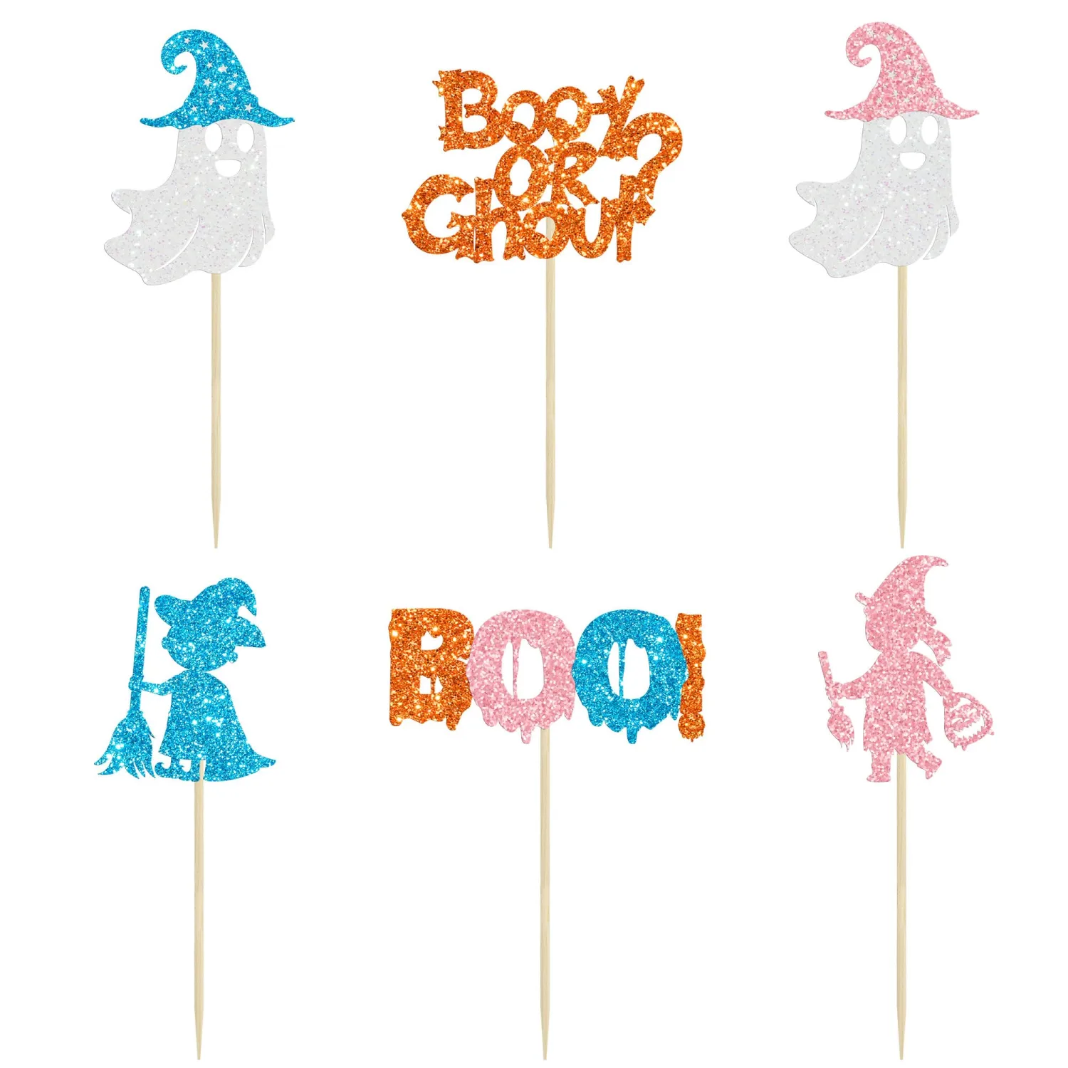 24Pcs Boo-y or Ghoul Cupcake Toppers Glitter Halloween Ghost Cupcake Picks Boy or Girl Cupcake Toppers for Baby Shower Birthday Halloween Themed Gender Reveal Cake Decorations Supplies
