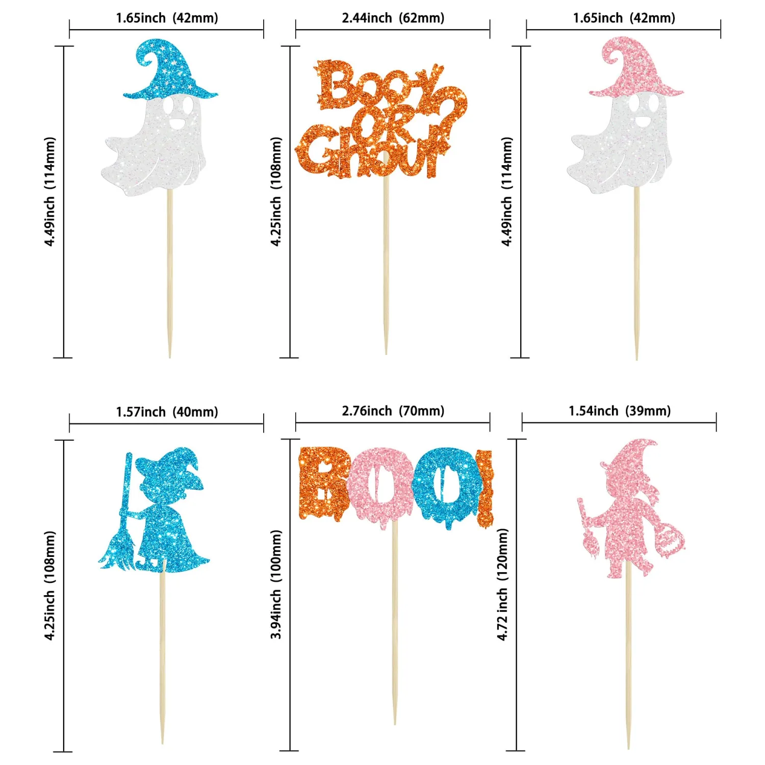 24Pcs Boo-y or Ghoul Cupcake Toppers Glitter Halloween Ghost Cupcake Picks Boy or Girl Cupcake Toppers for Baby Shower Birthday Halloween Themed Gender Reveal Cake Decorations Supplies