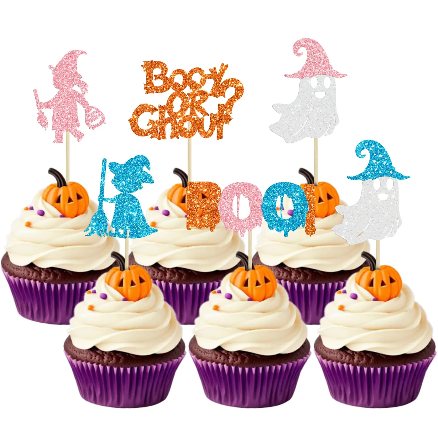 24Pcs Boo-y or Ghoul Cupcake Toppers Glitter Halloween Ghost Cupcake Picks Boy or Girl Cupcake Toppers for Baby Shower Birthday Halloween Themed Gender Reveal Cake Decorations Supplies