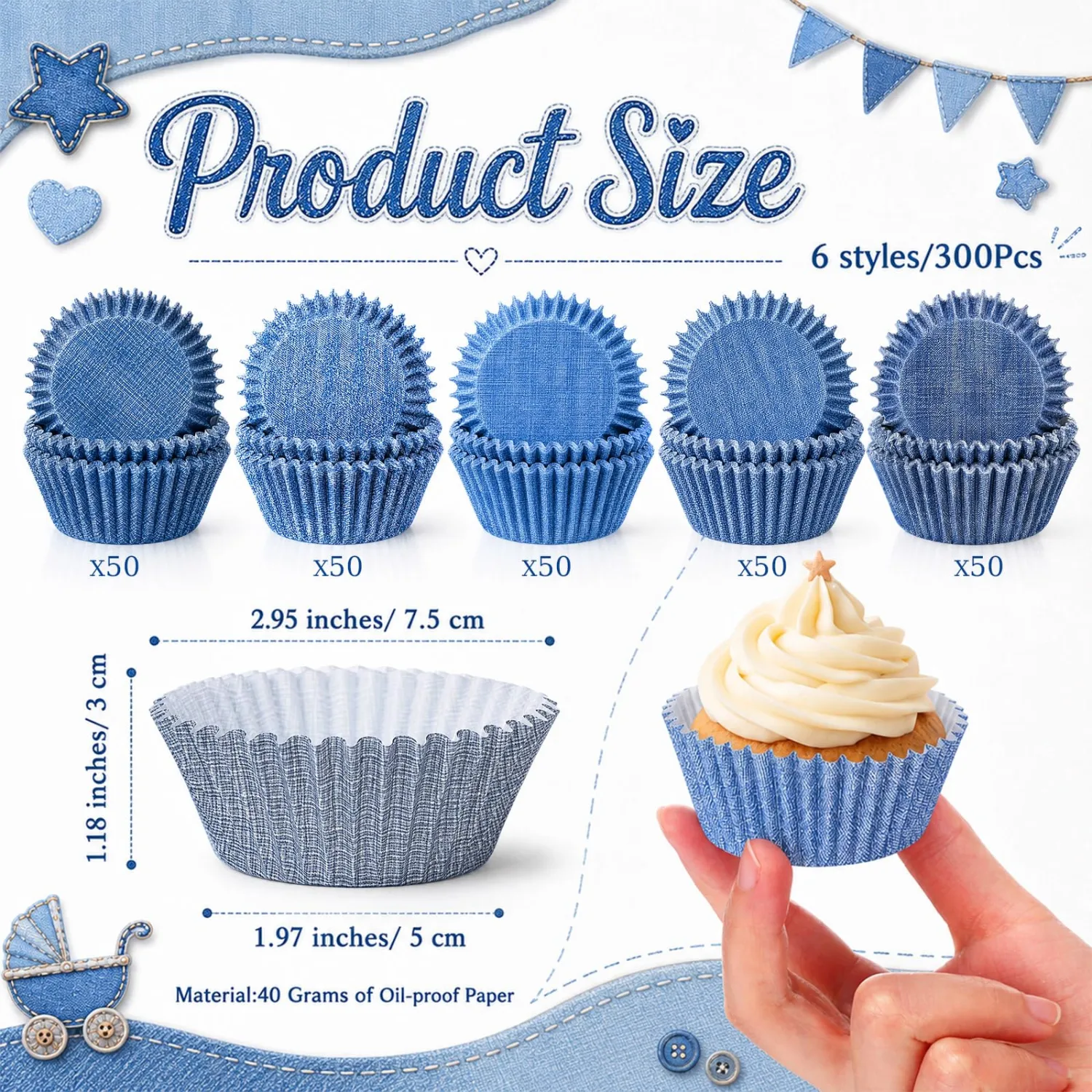 Cunhill 300 Pcs Blue Jeans Paper Baking Cups Blue Jeans Cupcake Liners