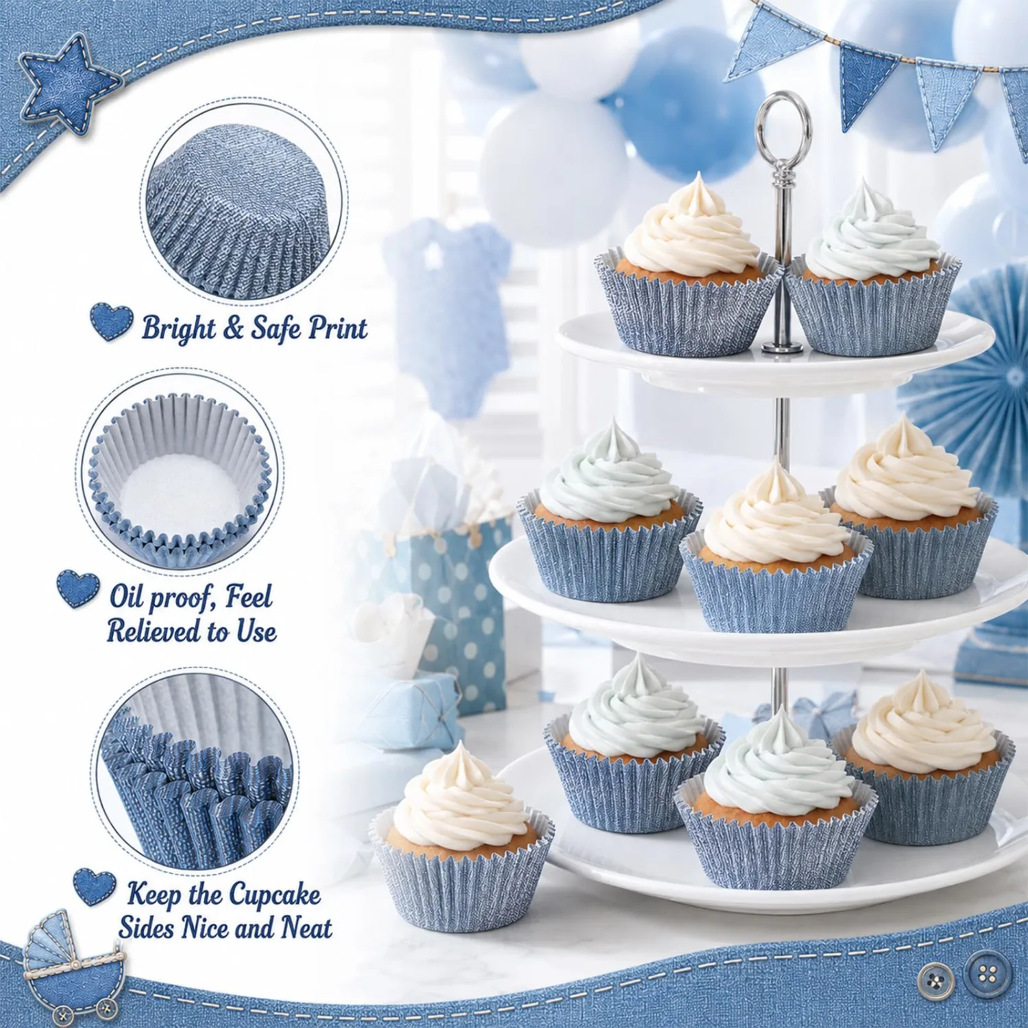 Cunhill 300 Pcs Blue Jeans Paper Baking Cups Blue Jeans Cupcake Liners